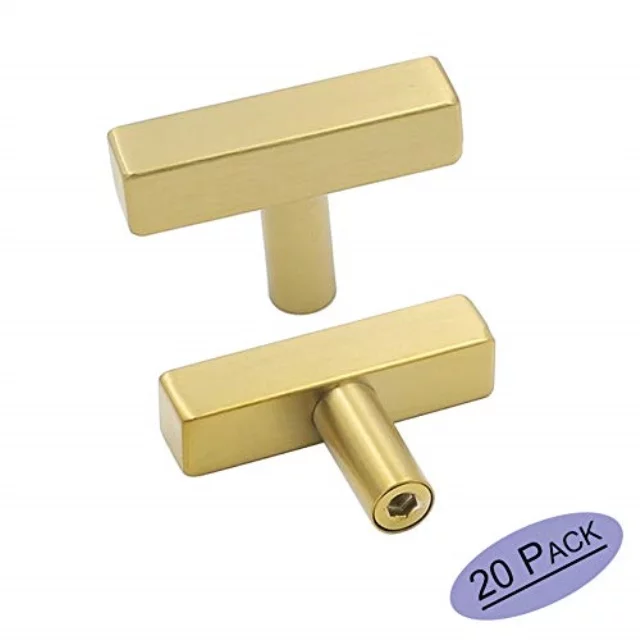 goldenwarm 20 Pack Gold Cabinet Knobs Kitchen Hardware Knobs Single Hole - LS1212GD Square T Bar Brushed Brass Drawer Knobs for Dresser Cupboard Door Handles Stainless Steel 2(50mm) Length