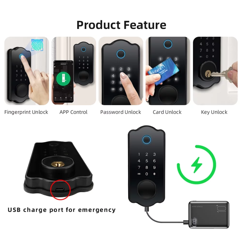 Tomfoto Keyless Entry Smart Door Lock Waterproof Auto Lock 5 in 1 TTlock App IC Card 150 Codes Electronic Fingerprint Door Lock with Handle Lever Set for Front Door