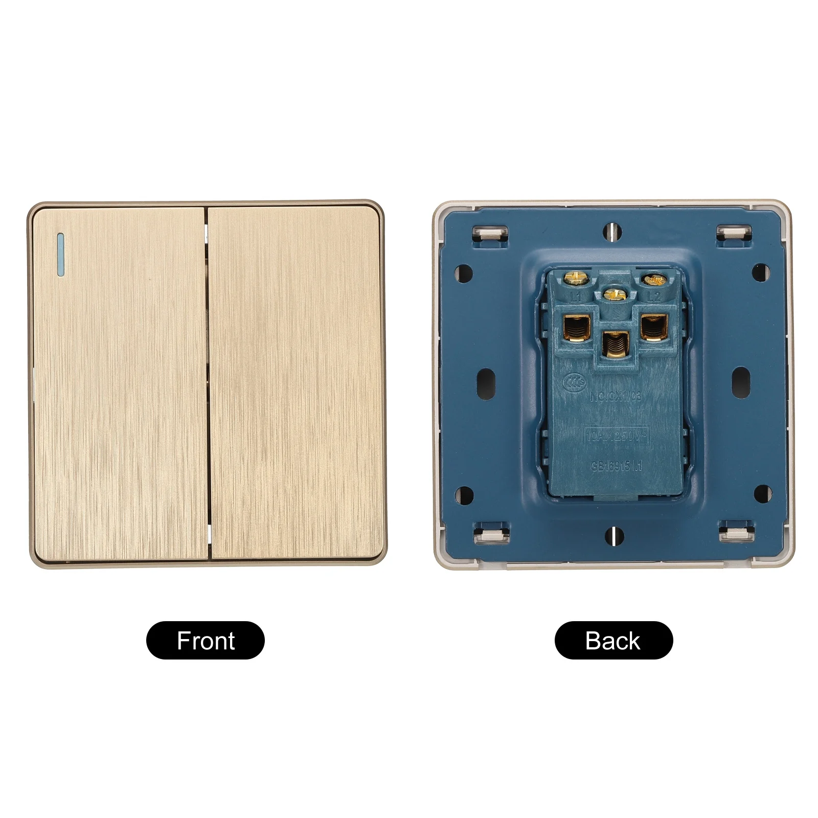 Light Switch Wall Panel Push Button 2 Gang 1 Way Gold Tone 250V 10A 86mmx86mm