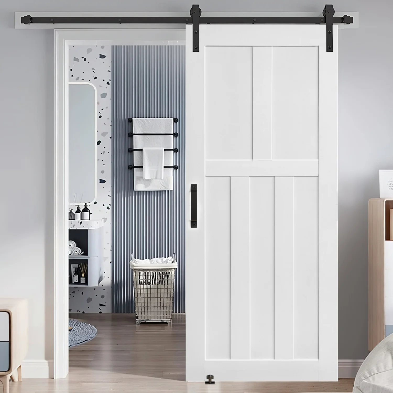 Upgrade Your Stylish Home with Modern  Unfinished  Moisture-proof CRAZY ELF Interior Five Panel DIY Door Slab - 24” x 80” - Complete with 6.6FT Barn Door Sliding Hardware  Adjustable Floo