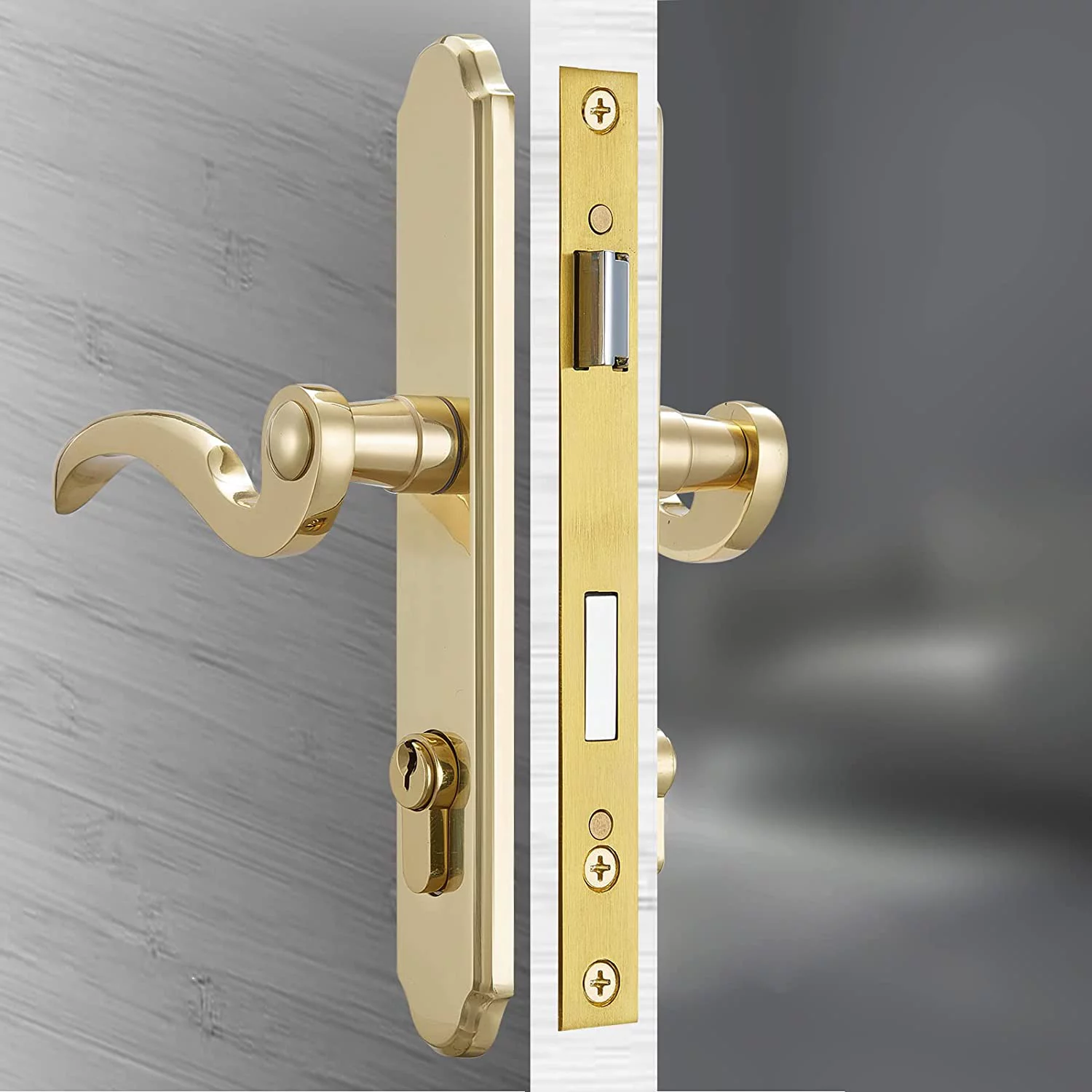 Solid Brass Lever Handle Mortise Lock Set for Screen/Storm Door Replacement, for Left-hinged Outswing Door(View from Outside) of 1 in. Or 1.38 in. Thickness, Brushed Polished Brass