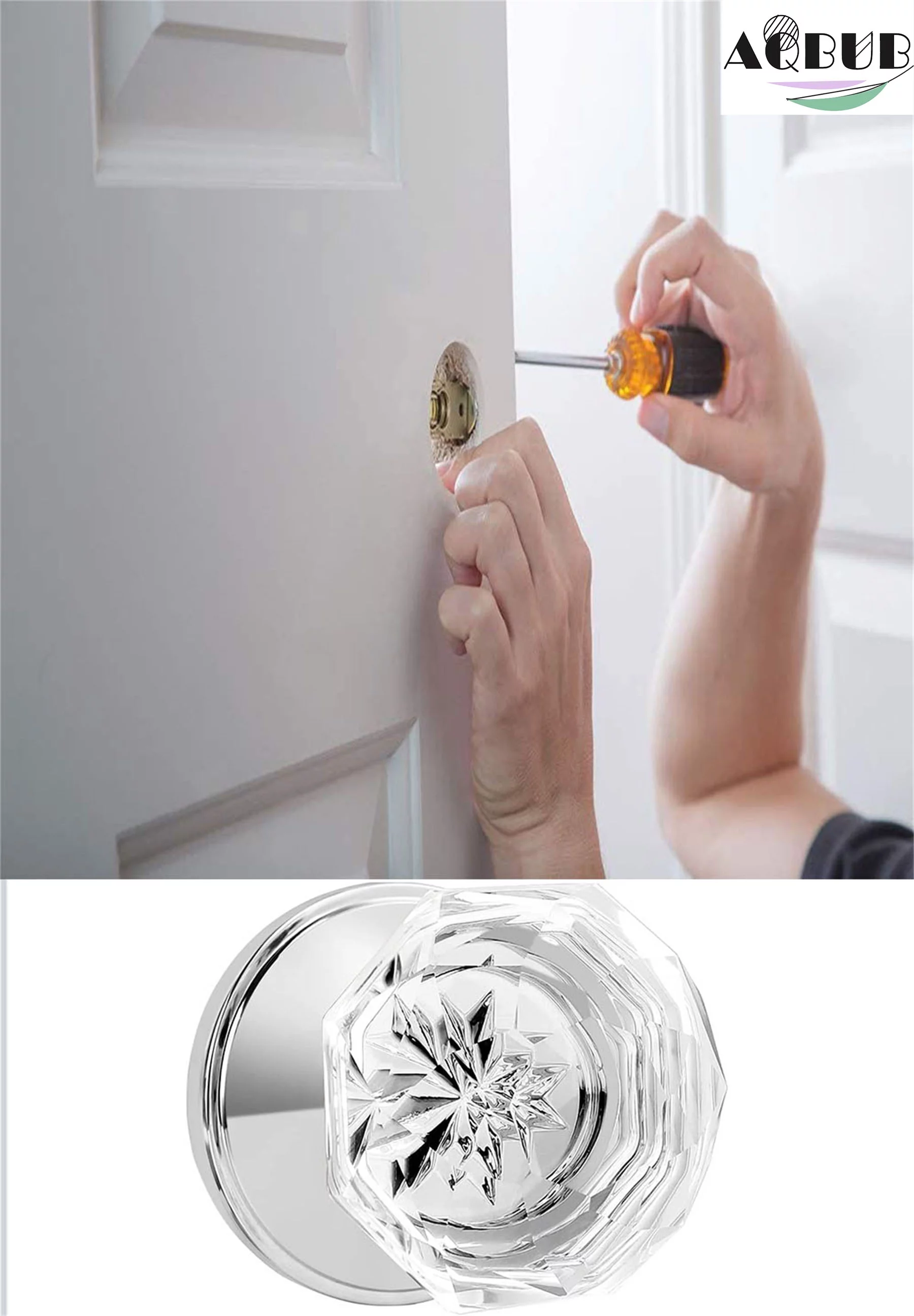 1 set of crystal false door handles for French doors / balcony pantry, independent false door handles without locks, transparent glass handles with chrome base