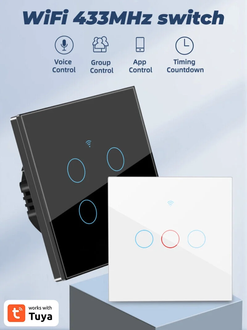 TUYA WiFi+433MHZ Smart Touch Switch Home Light Wall Glass Panel Button 3/4Gang