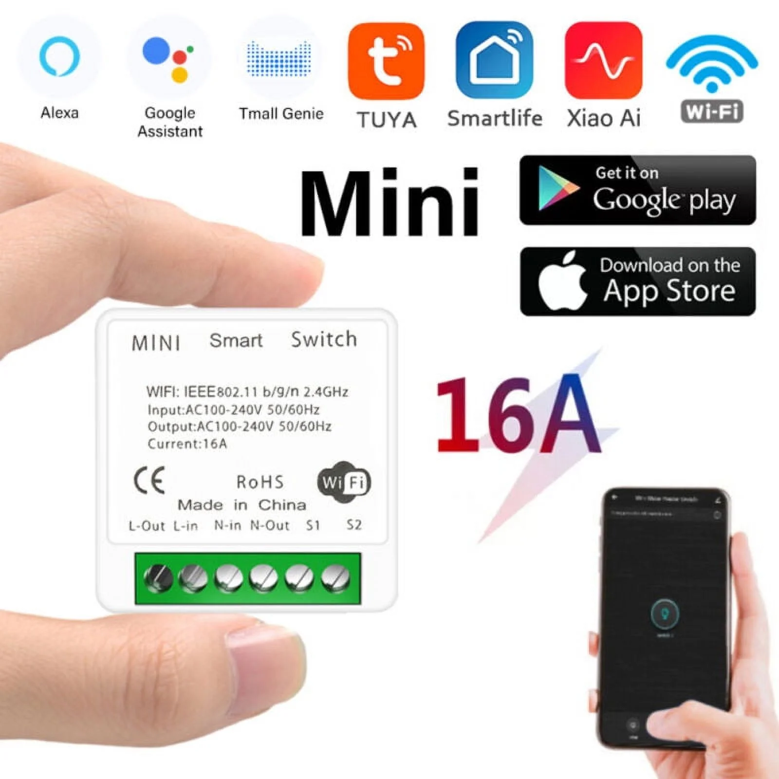 Tuya 16A MINI Wifi Smart Switch Timer Wireless Switches  for Alexa Google Home