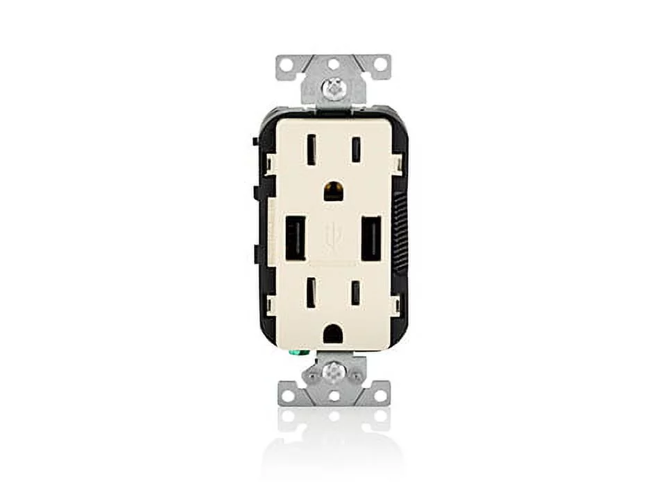 Leviton 2-Port USB Charger & Tamper-Resistant Duplex Receptacle, 15A, Lt Almond (T5632-T)