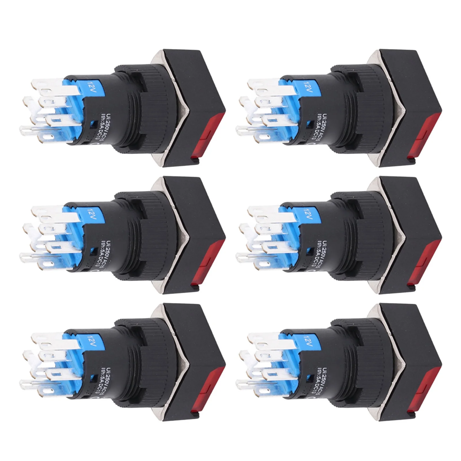 Uadme 25Pcs Squares Button Switch - ABS Brass 8 Pin Self Locking Switches with Light 16mm 12V(Red)