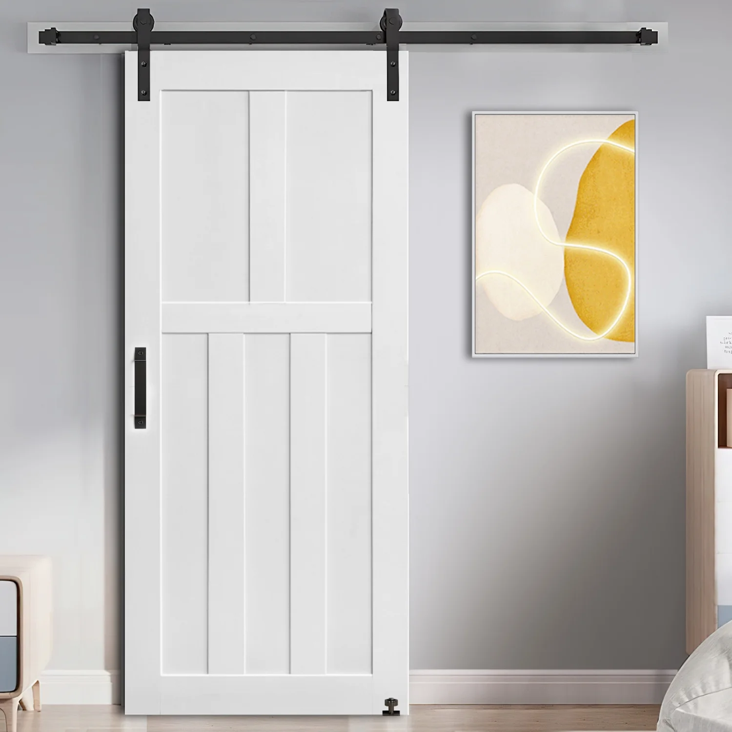 CRAZY ELF 28” x 80” Five Panel Real Primed Door Slab + 6.6FT Barn Door Sliding Hardware + Adjustable Floor Guider + Pull Handle  DIY Unfinished Paneled Door  Modern Interior Barn Door  Mo