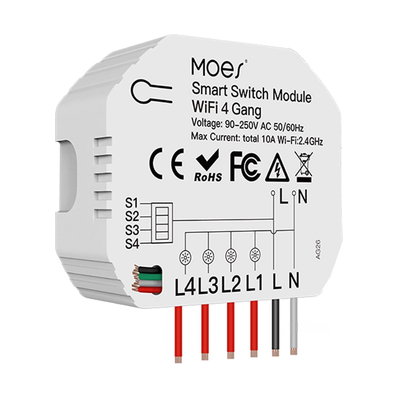 4 Gang Wi-Fi Switch Module Wi-Fi Intelligent Light Switch Voice Control APP Remote Control Share Function Independent Control DIY Breaker Module 2 Way Feature (AC 90-250V)