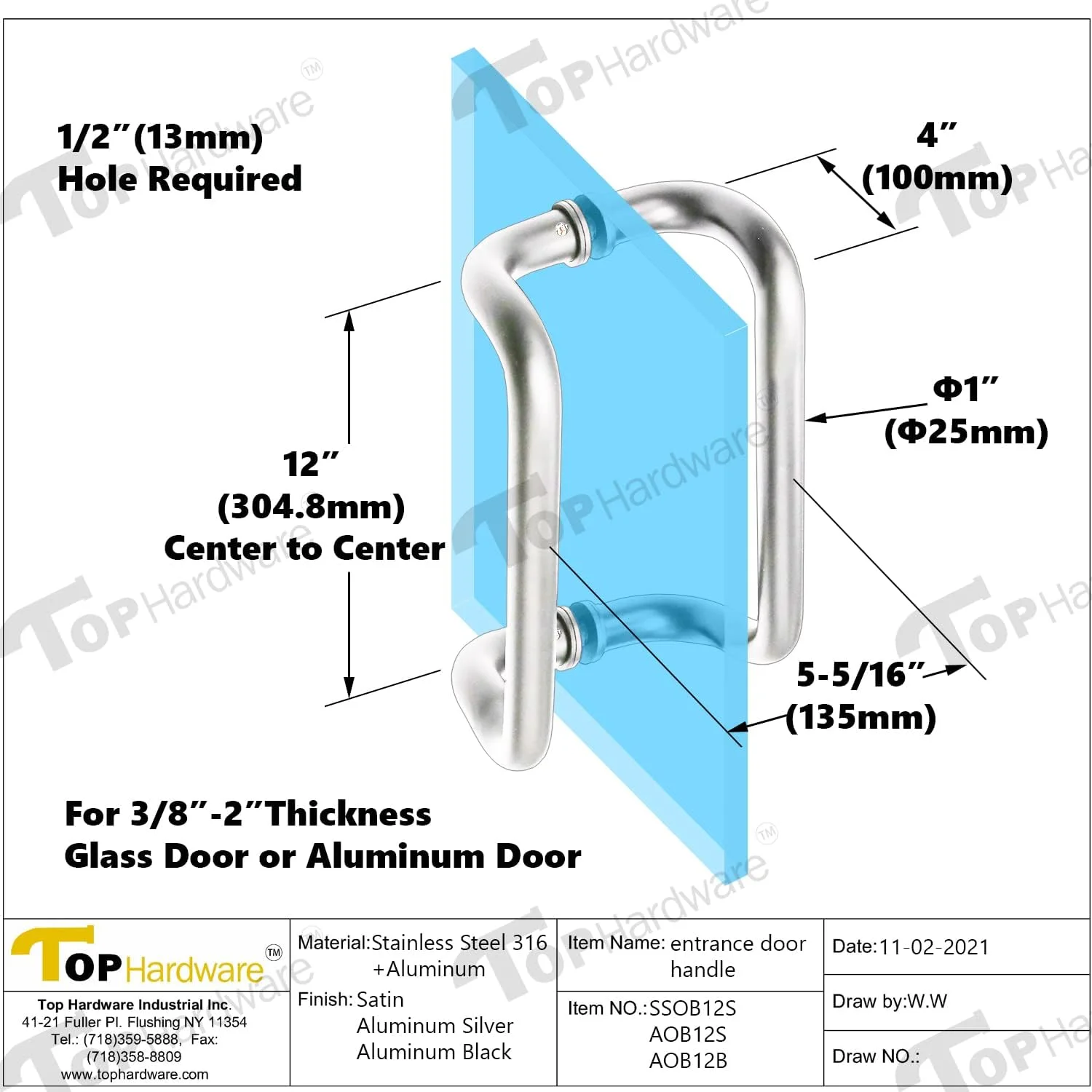 Aluminum Paired Offset Back-to-Back Pull Handle for Glass/Aluminum Door (Matt Black, Aluminum)