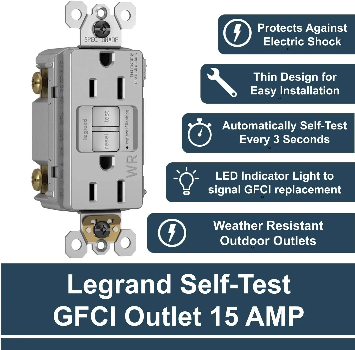 Legrand - Pass & Seymour Radiant Outdoor Self-Test GFCI Outlet, GrayGFCI Electrical Outlet, Weather Resistant GFCI Outlet, 15 Amps, 125 Volts, 1597TRWRGRYCCD4, 1 Count