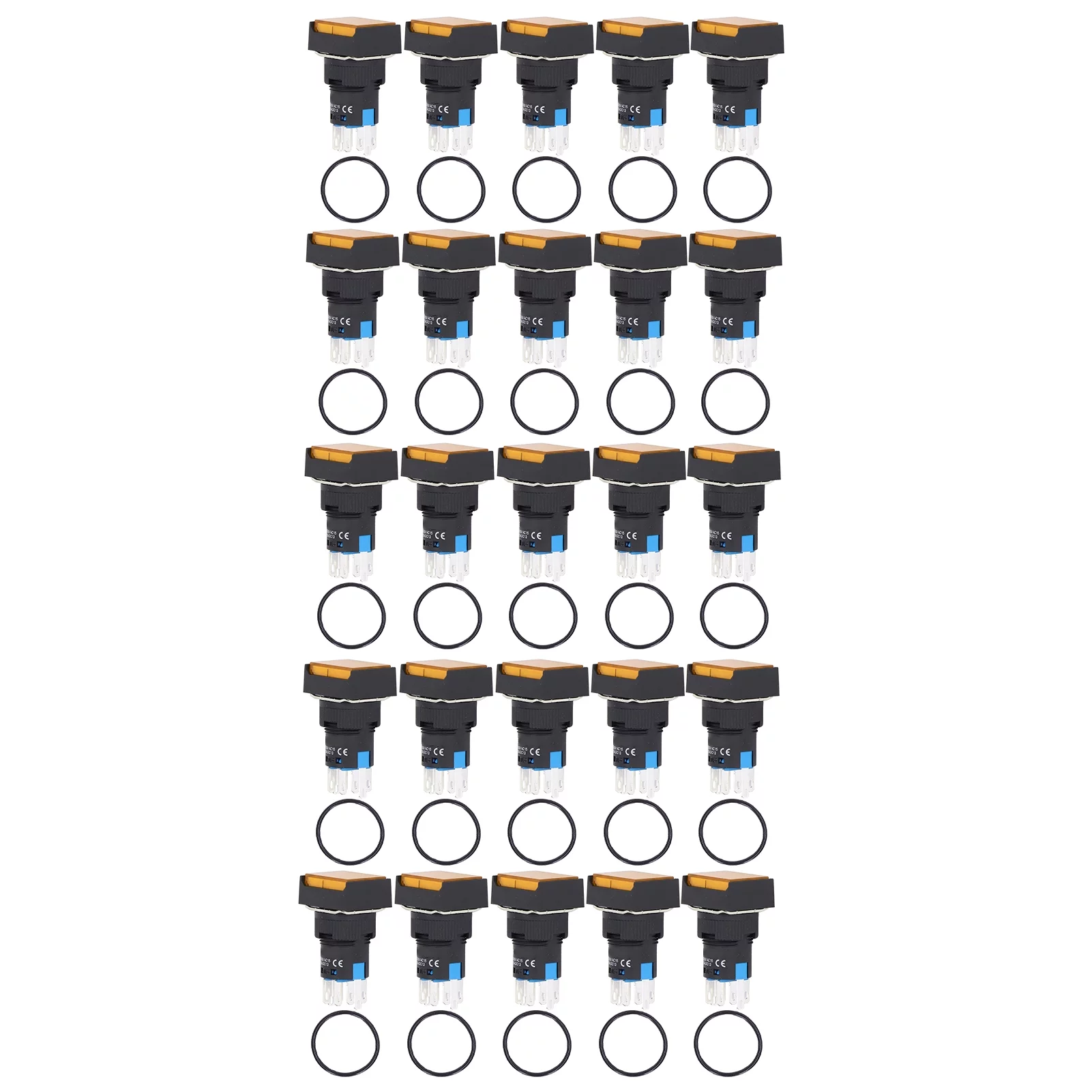 25Pcs Squares Push Button Switch, ABS Brass Electrical Push Switch Self Locking with Light for Distribution Box 16mm 24V(Yellow)
