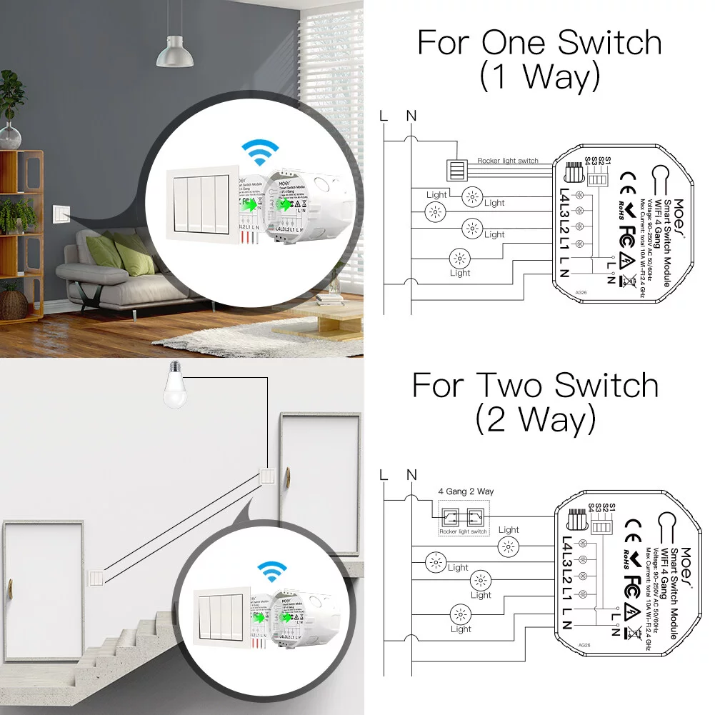 4 Gang Wi-Fi Switch Module Wi-Fi Intelligent Light Switch Voice Control APP Remote Control Share Function Independent Control DIY Breaker Module 2 Way Feature (AC 90-250V)