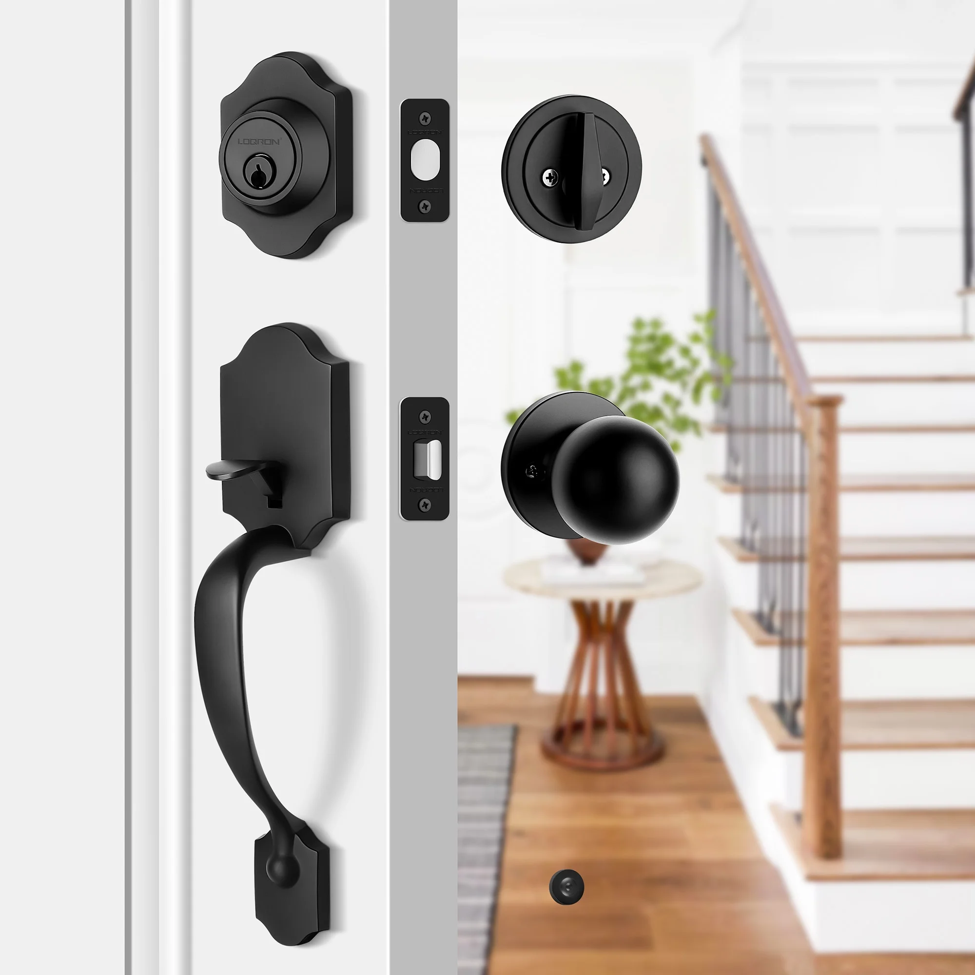 Heavy Duty Front Door Handle Set Matte Black Entrance Handle Set Classic Front Door Set Single Cylinder Deadbolt and Knob, Half Grip Round Knob Reversible for Right & Left Handed Doors