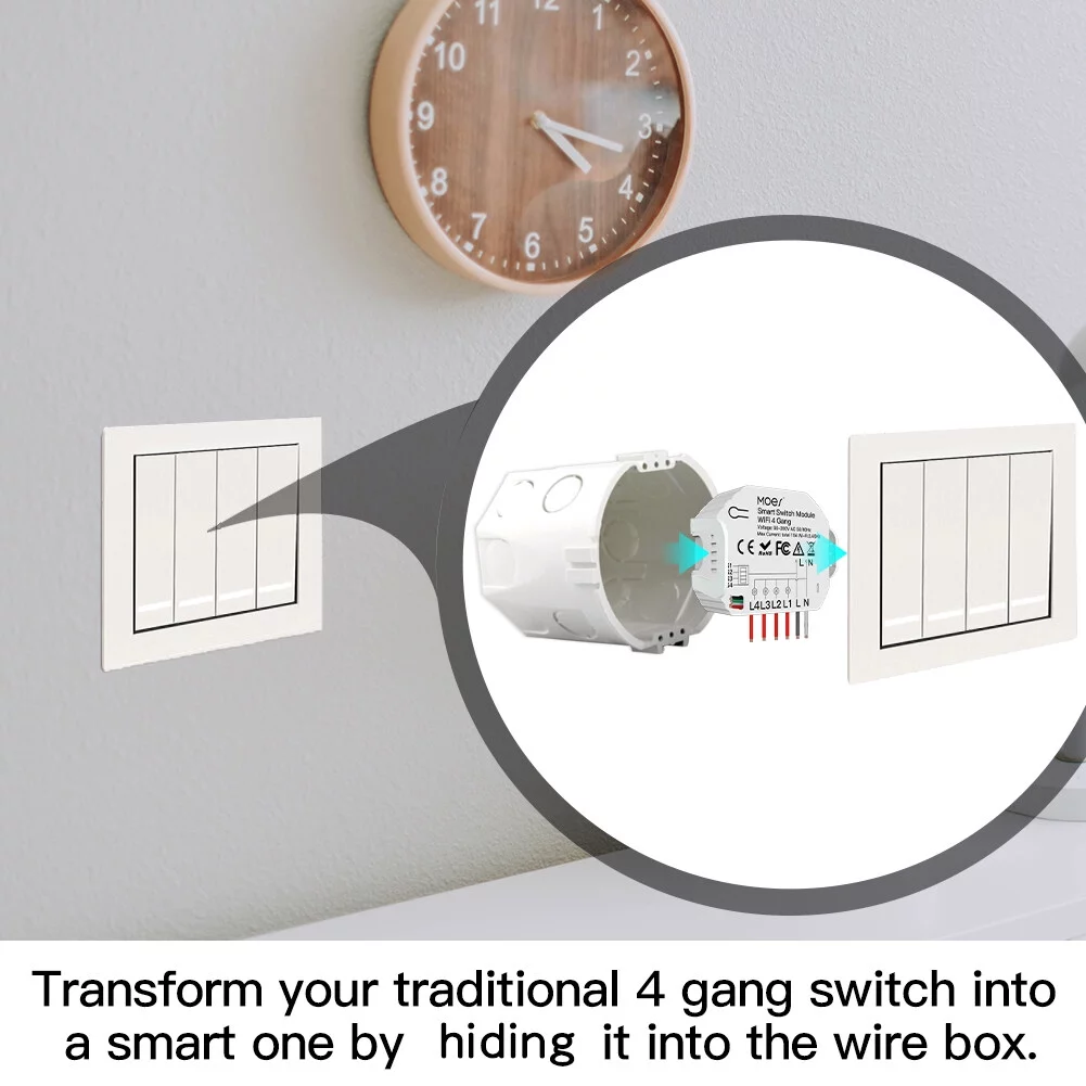 4 Gang Wi-Fi Switch Module Wi-Fi Intelligent Light Switch Voice Control APP Remote Control Share Function Independent Control DIY Breaker Module 2 Way Feature (AC 90-250V)