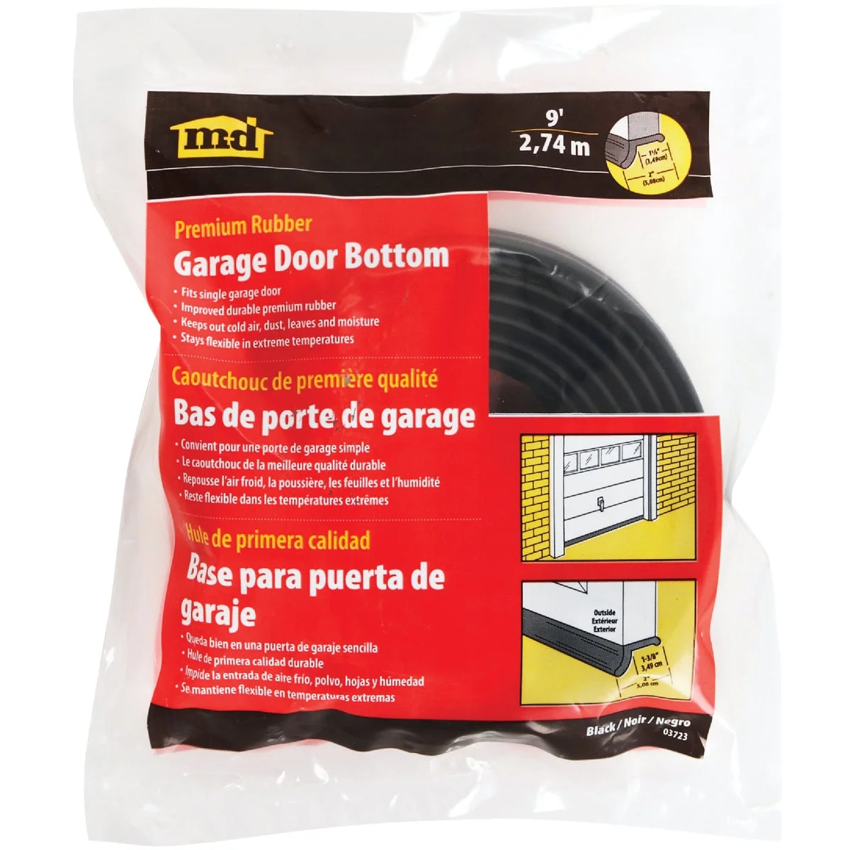 1 PK, M-D 2 In. x 9 Ft. Black Rubber Door Bottom Garage Door Seal