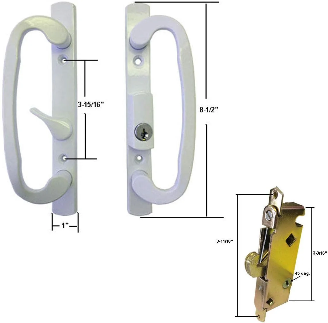Sliding Glass Patio Door Handle Set with Mortise Lock, White, Keyed, 3-15/16
