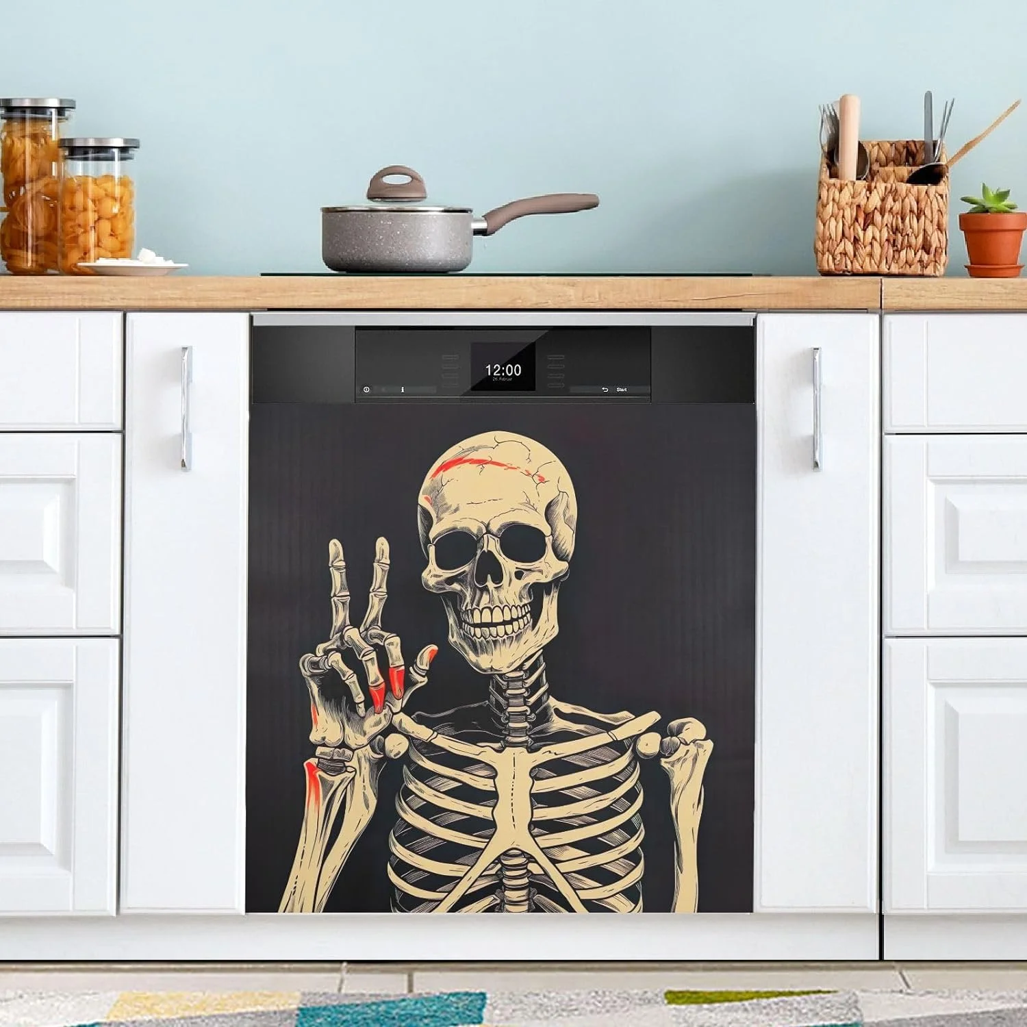 Wellsay Funny Skeleton Dishwasher Magnet Cover Dishwasher Front Door Cover Magnet Sticker, 23 x 26 Inches Magnetic Dishwasher Cover for Kitchen Appliance Decor