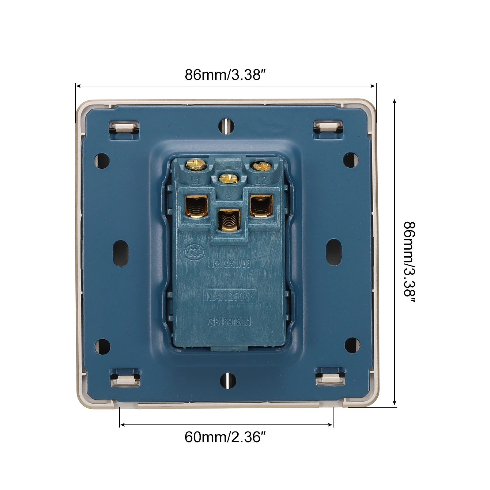 Light Switch Wall Panel Push Button 2 Gang 1 Way Gold Tone 250V 10A 86mmx86mm