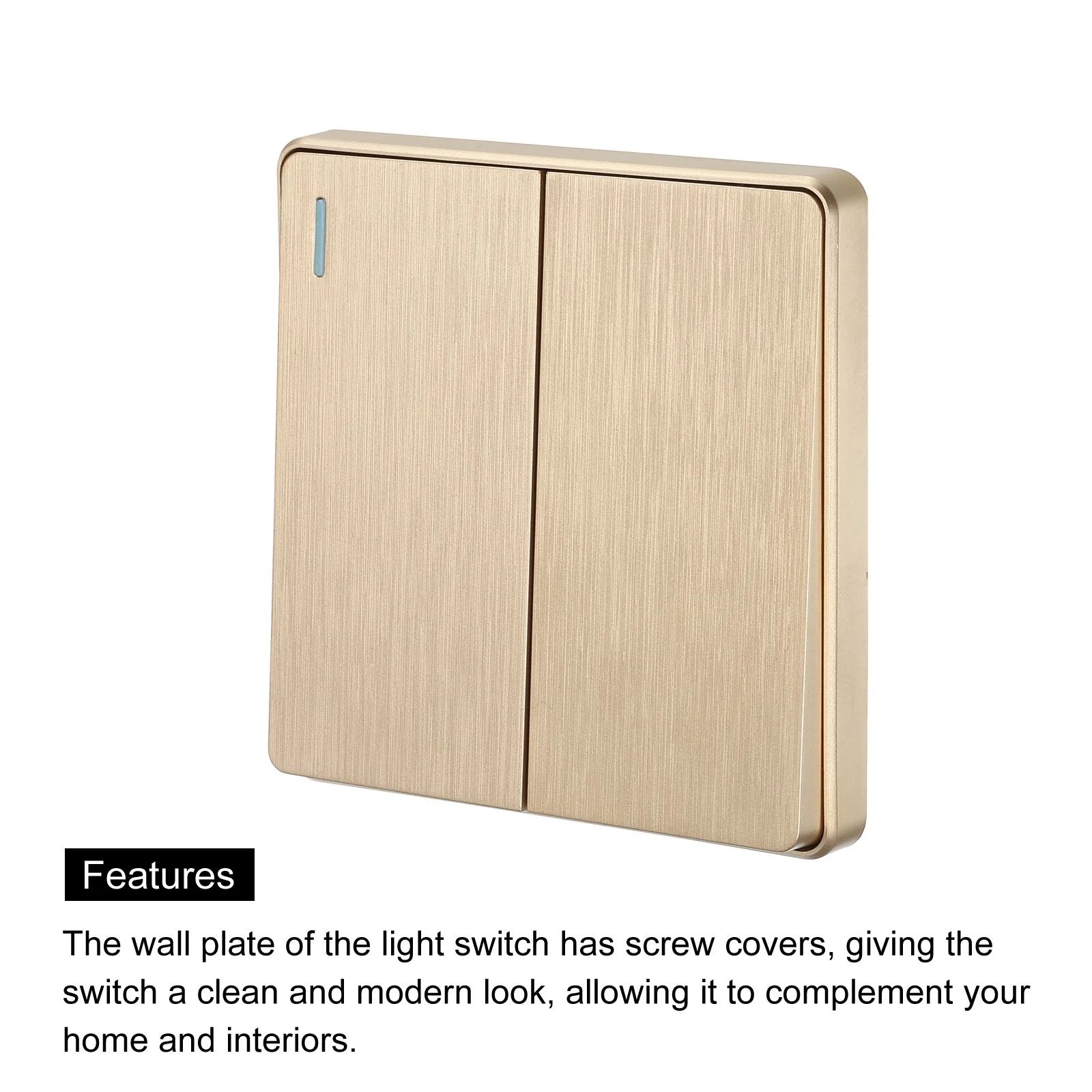 Light Switch Wall Panel Push Button 2 Gang 1 Way Gold Tone 250V 10A 86mmx86mm