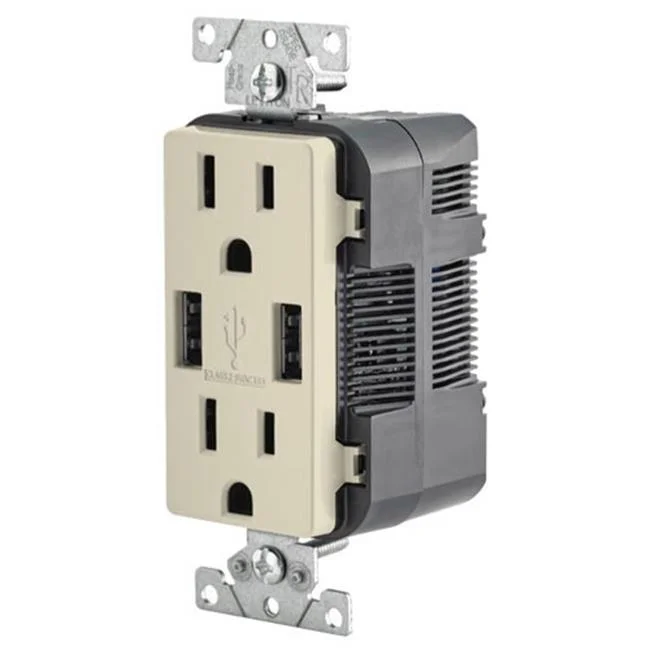 Leviton 2-Port USB Charger & Tamper-Resistant Duplex Receptacle, 15A, Lt Almond (T5632-T)