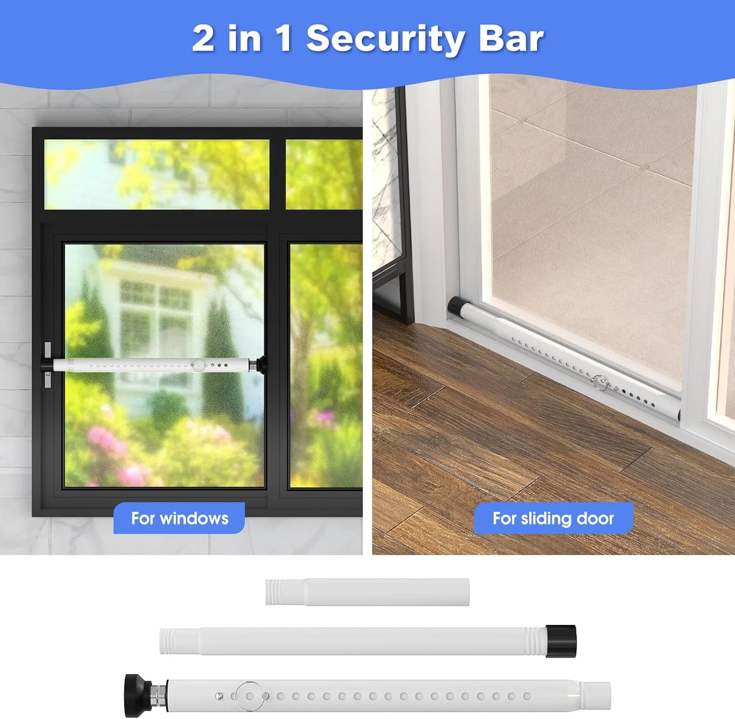 YeYeBest Window Security Bar 2Pack - 16 to 51 inch Adjustable Sliding Door Lock Bar- Dual Use - Patio Sliding Door Security Bar or Window Security Lock - Matte White