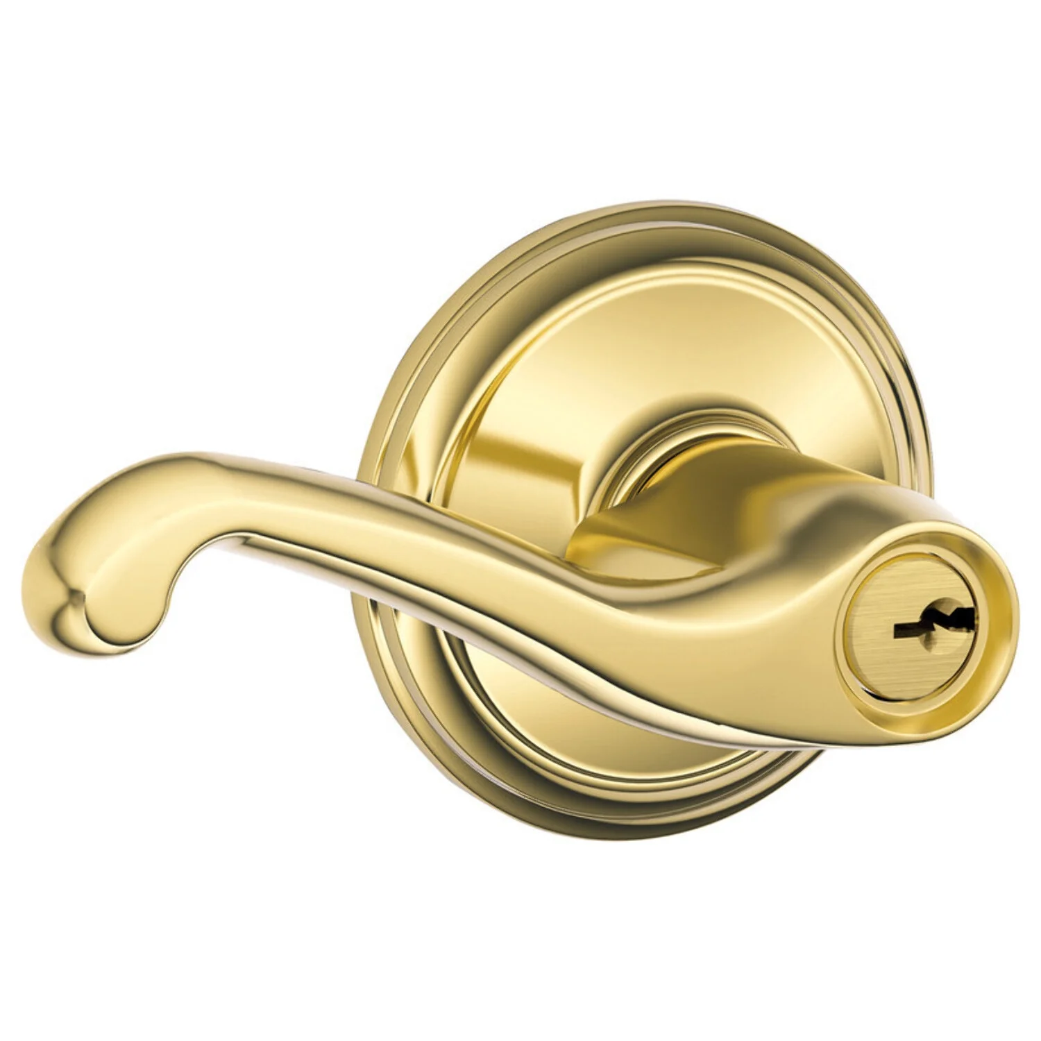 Schlage Residential F51A FLA 505 KD Grade 2 Entry Lock Flair Lever Conventional Cylinder Keyed Different Lifetime Brass Finish Non-Handed