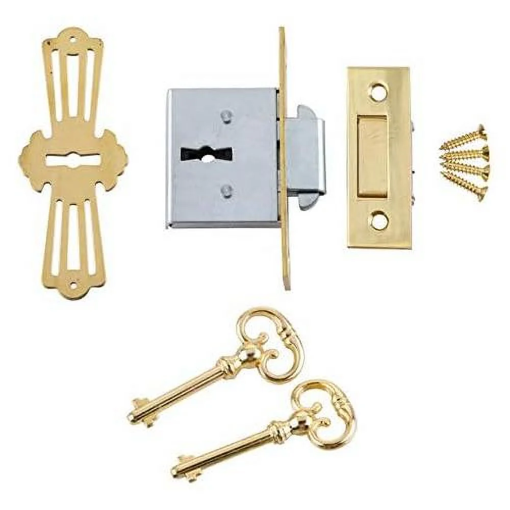 Brass Sqre Full Mortise Lock W/Two Skeleton Keys For Roll Top Desk - Antique Furniture Hardware | -031-L
