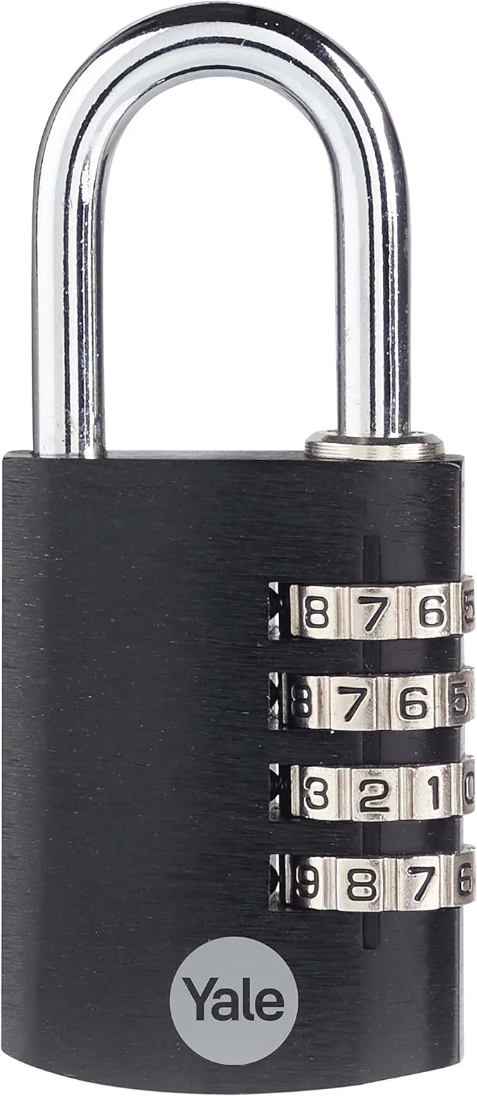 Yale 4 Digit Combination Lock Outdoor Waterproof Padlock for School Gym Locker, Sports Locker, Fence, Toolbox, Gate, Case, Hasp Storage (Black)