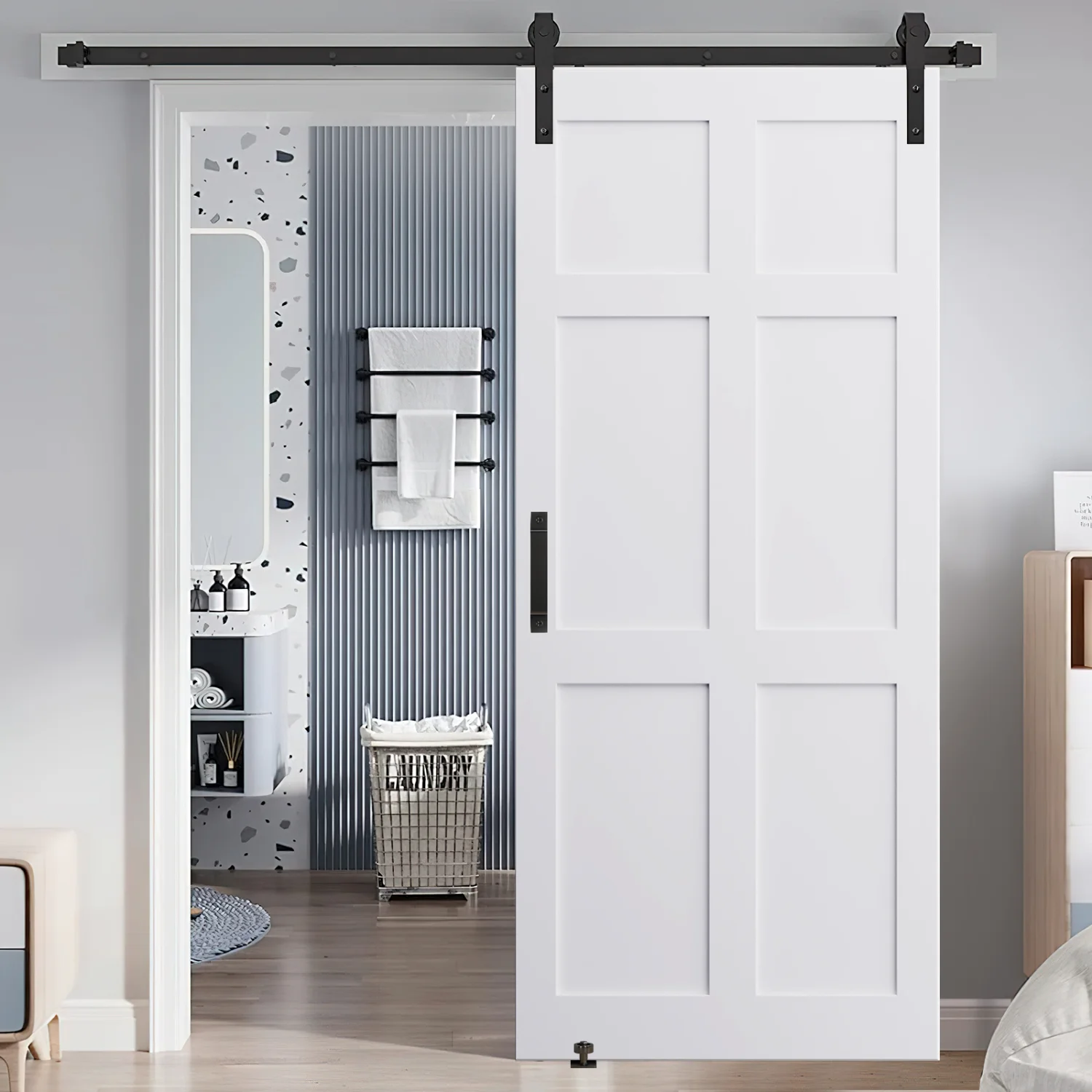 Water-proof  Modern Interior Barn Door + DIY Unfinished Six Paneled Real Primed Door Slab + CRAZY ELF 28” x 80” + 6.6FT Barn Door Sliding Hardware + Adjustable Floor Guider + Pull Handle.