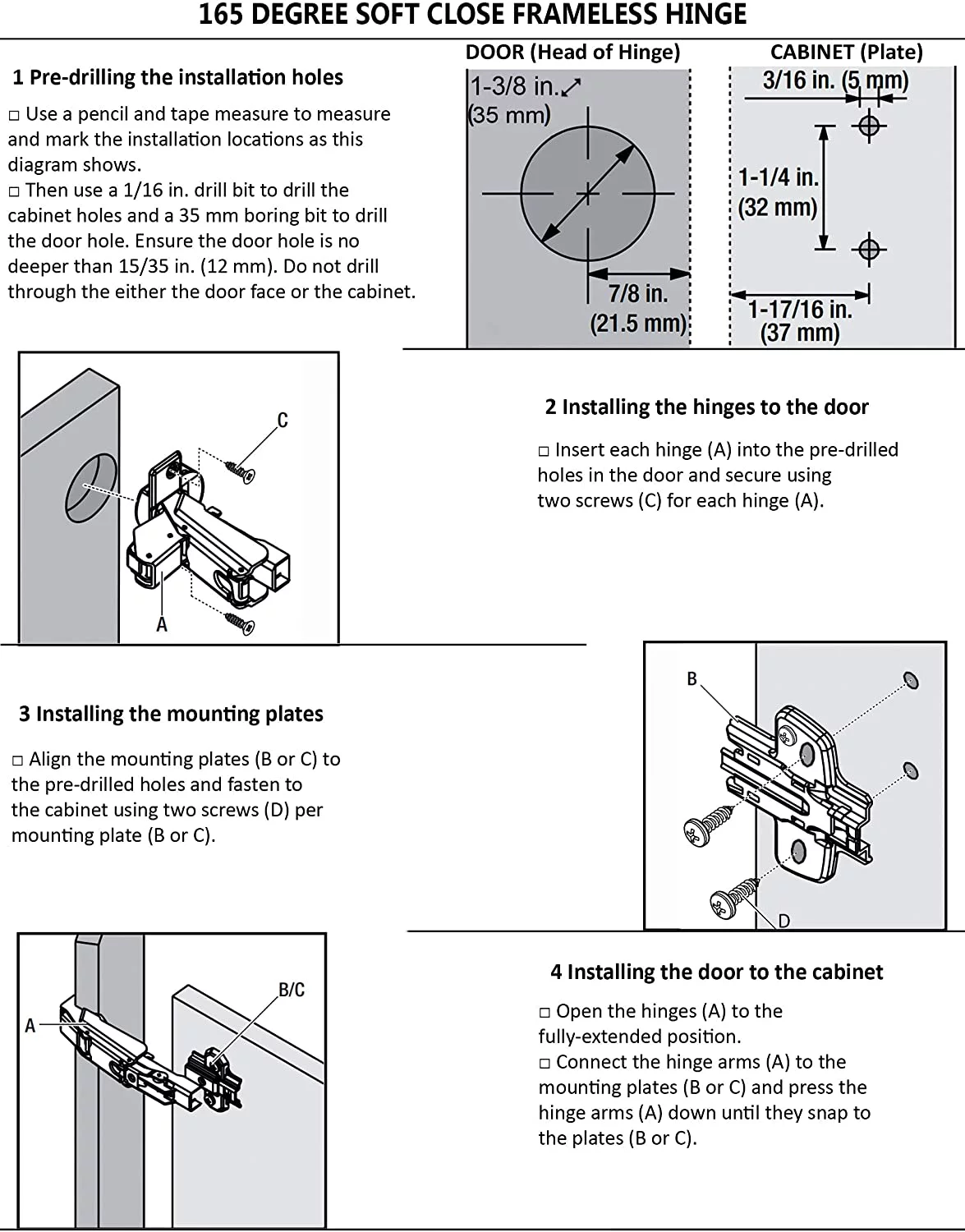 Berta 165 Degree Soft Close Full Overlay Frameless Lazy Susan Cabinet Hinges with Screws (4 Pack)
