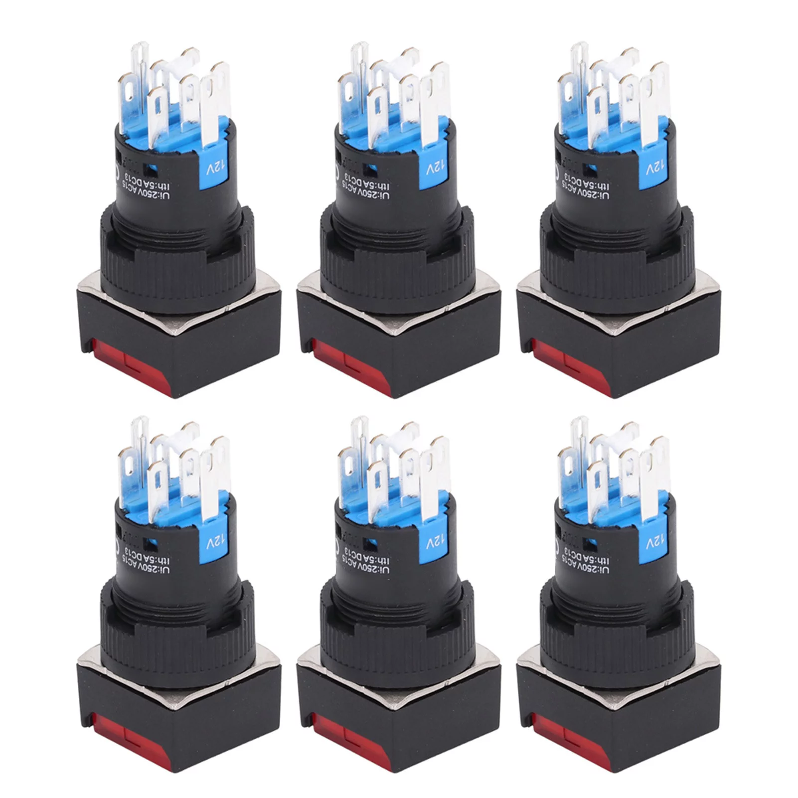 Uadme 25Pcs Squares Button Switch - ABS Brass 8 Pin Self Locking Switches with Light 16mm 12V(Red)