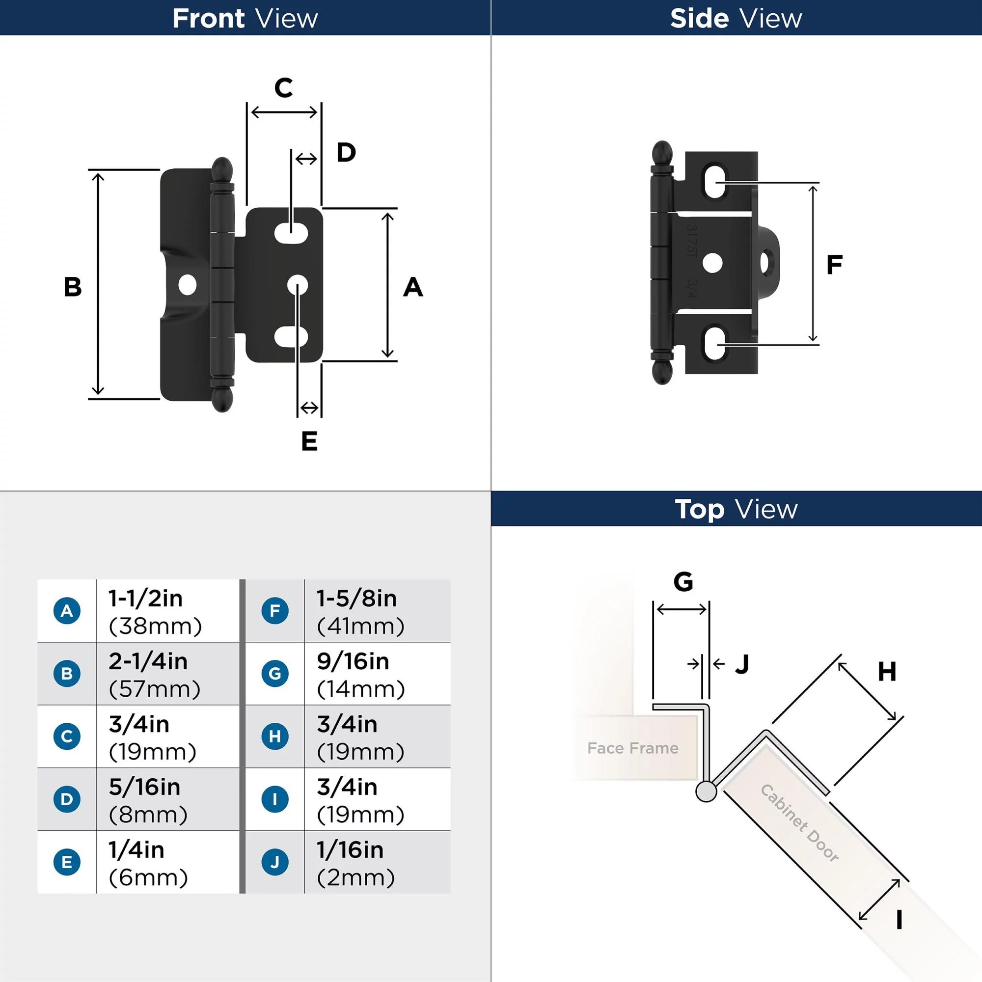 Amerock Pk3175tb Functional Hardware Full Inset Wrap Cabinet Door Hinge - Nickel