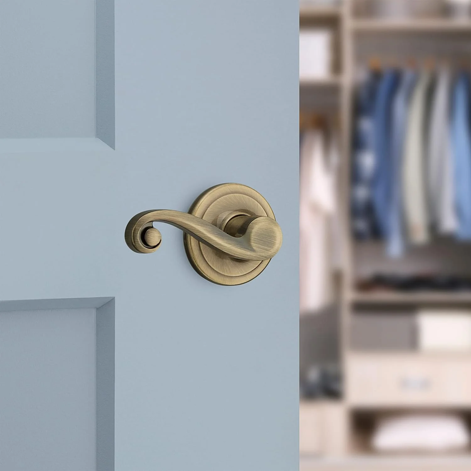 Lido Door Handle, Single Sided Lever For Closets, French Double Doors, And Pantry, Antique Brass Non-Turning Left Handed Interior Push/Pull Lever, With Microban Protection