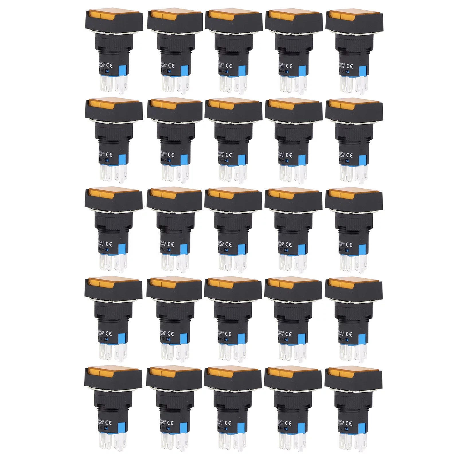 25Pcs Squares Push Button Switch, ABS Brass Electrical Push Switch Self Locking with Light for Distribution Box 16mm 24V(Yellow)