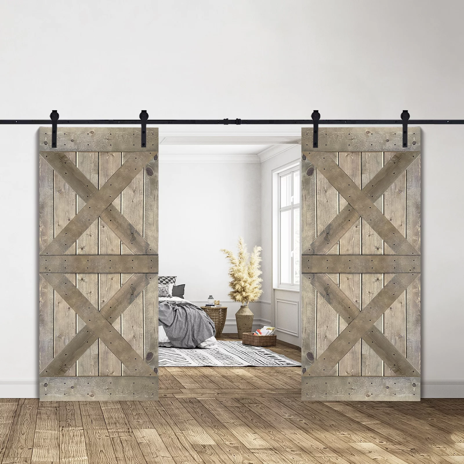 DIY Sliding Barn Wood Door with Hardware Kit Included,Pre-Drilled Ready to Assemble, Double X Brace White 72