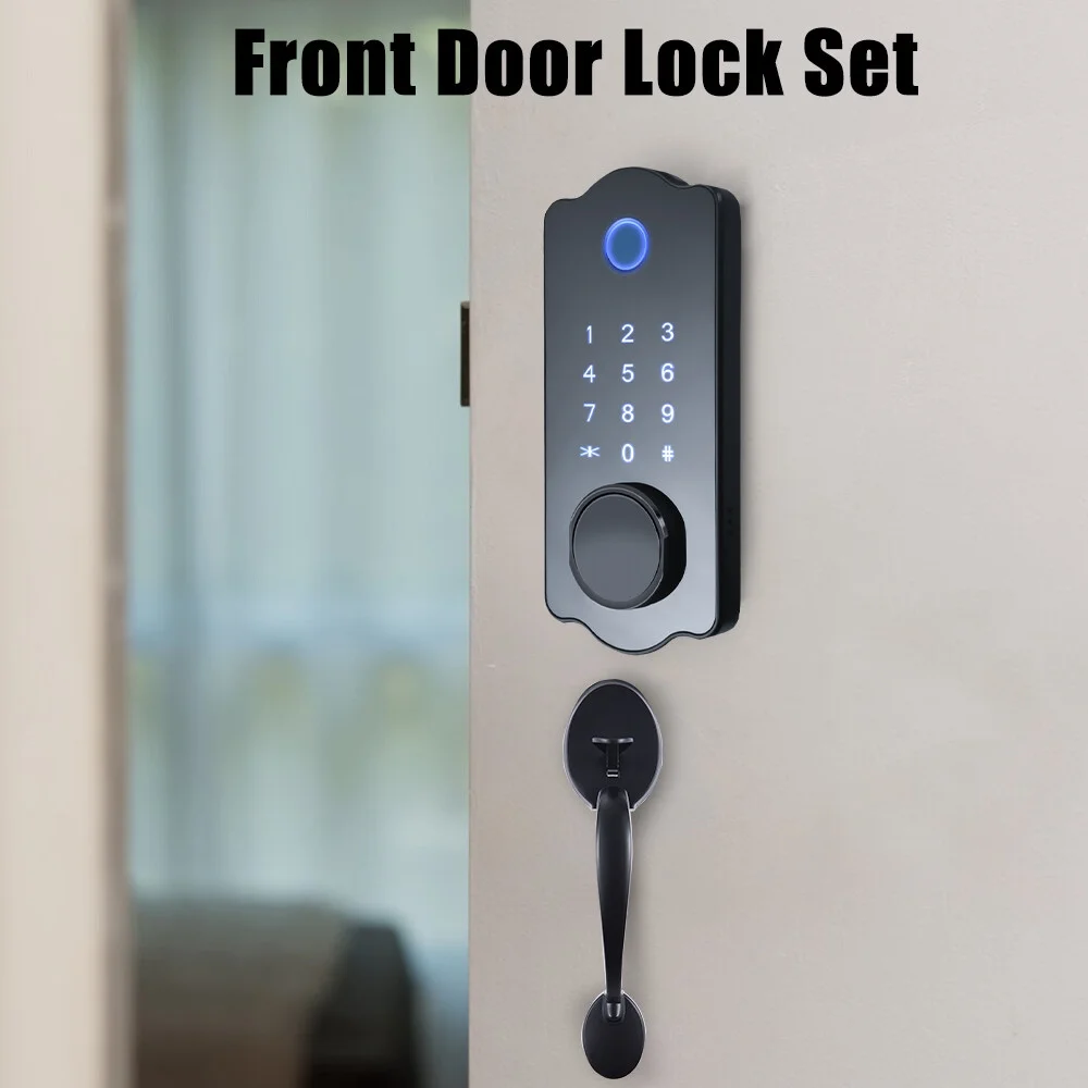 Leyfeng Keyless Entry Smart Door Lock Waterproof Auto Lock 5 in 1 TTlock App IC Card 150 Codes Electronic Fingerprint Door Lock with Handle Lever Set for Front Door
