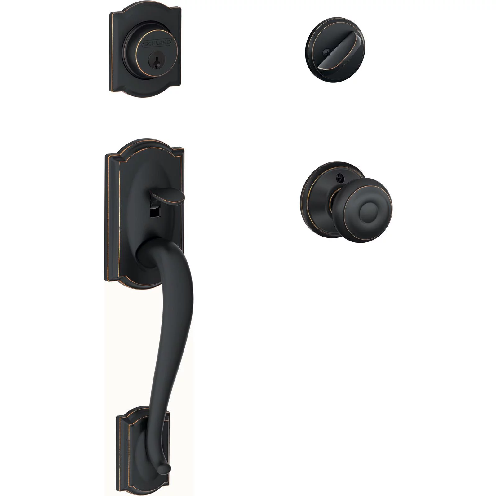 Schlage Camelot Single Cylinder Handleset and Georgian Knob, Aged Bronze (F60 V CAM 716 GEO)