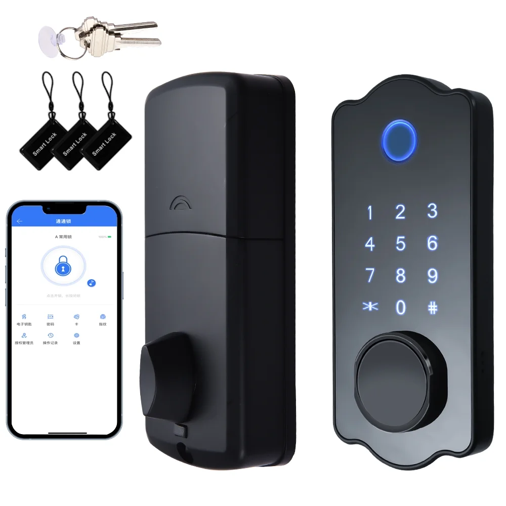 Tomfoto Keyless Entry Smart Door Lock Waterproof Auto Lock 5 in 1 TTlock App IC Card 150 Codes Electronic Fingerprint Door Lock with Handle Lever Set for Front Door