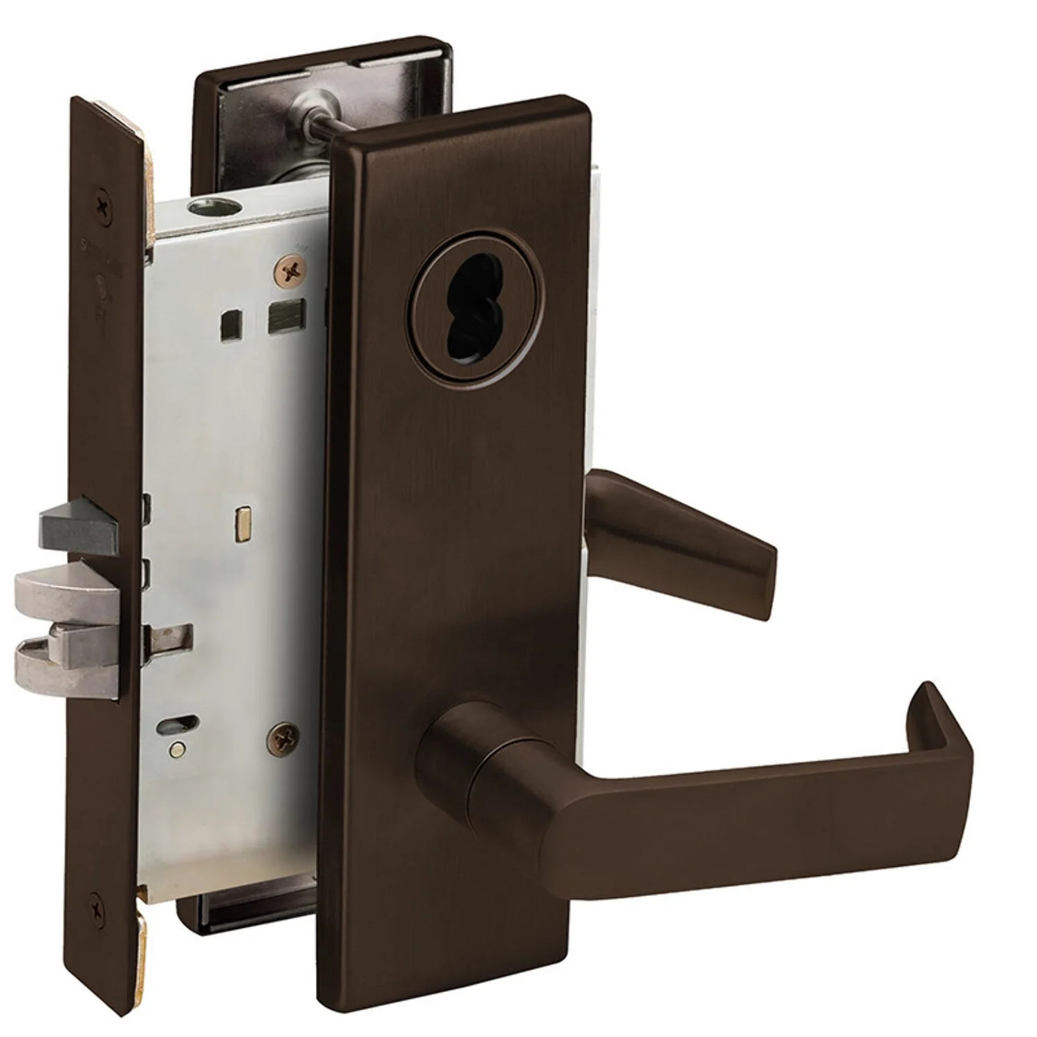 Schlage L9080J 06N 613 Grade 1 Storeroom Mortise Lock Schlage FSIC Less Core 06 Lever N Escutcheon Dark Oxidized Satin Bronze Oil Rubbed Finish Field Reversible