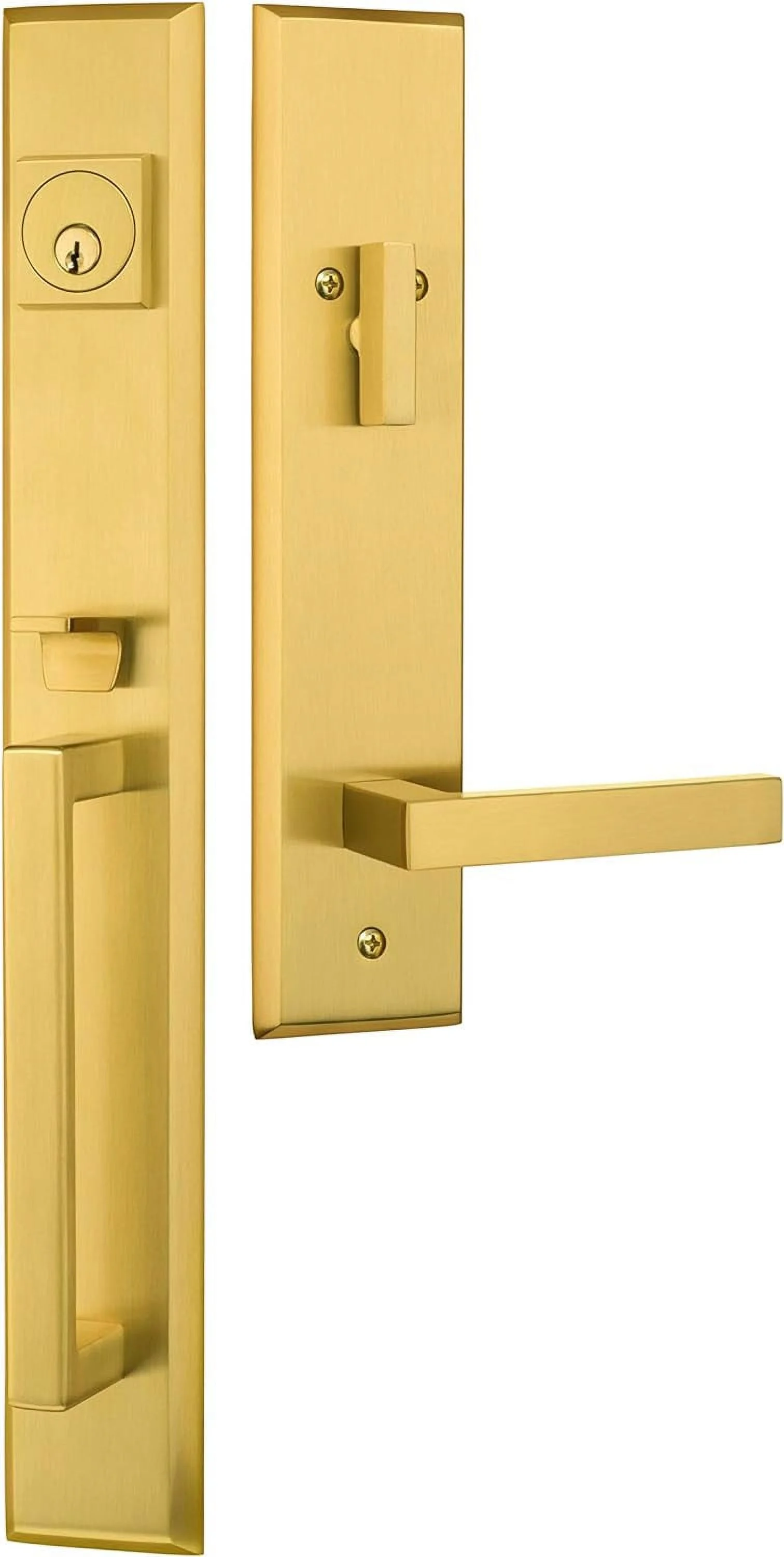 Security Premium Lumina Lever Entry Door Handle Set Brushed Brass Finish Fits 5-1/2 Inch Double Bore Doors With Adjustable Bottom Screw Hole