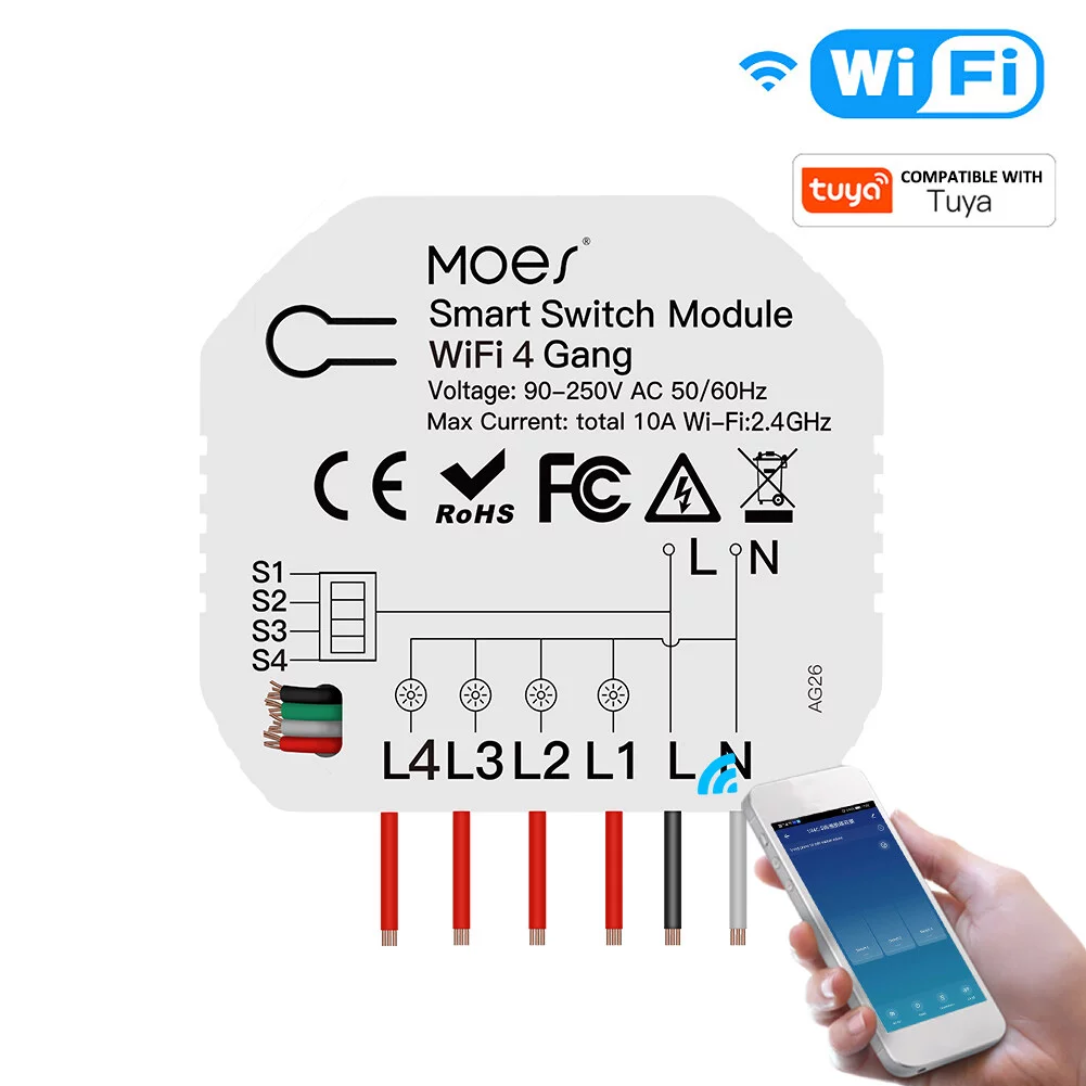 4 Gang Wi-Fi Switch Module Wi-Fi Intelligent Light Switch Voice Control APP Remote Control Share Function Independent Control DIY Breaker Module 2 Way Feature (AC 90-250V)