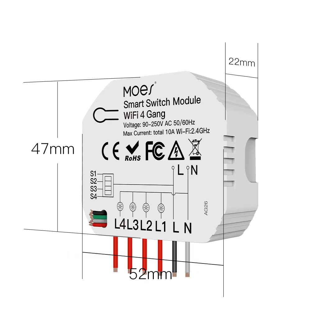 4 Gang Wi-Fi Switch Module Wi-Fi Intelligent Light Switch Voice Control APP Remote Control Share Function Independent Control DIY Breaker Module 2 Way Feature (AC 90-250V)