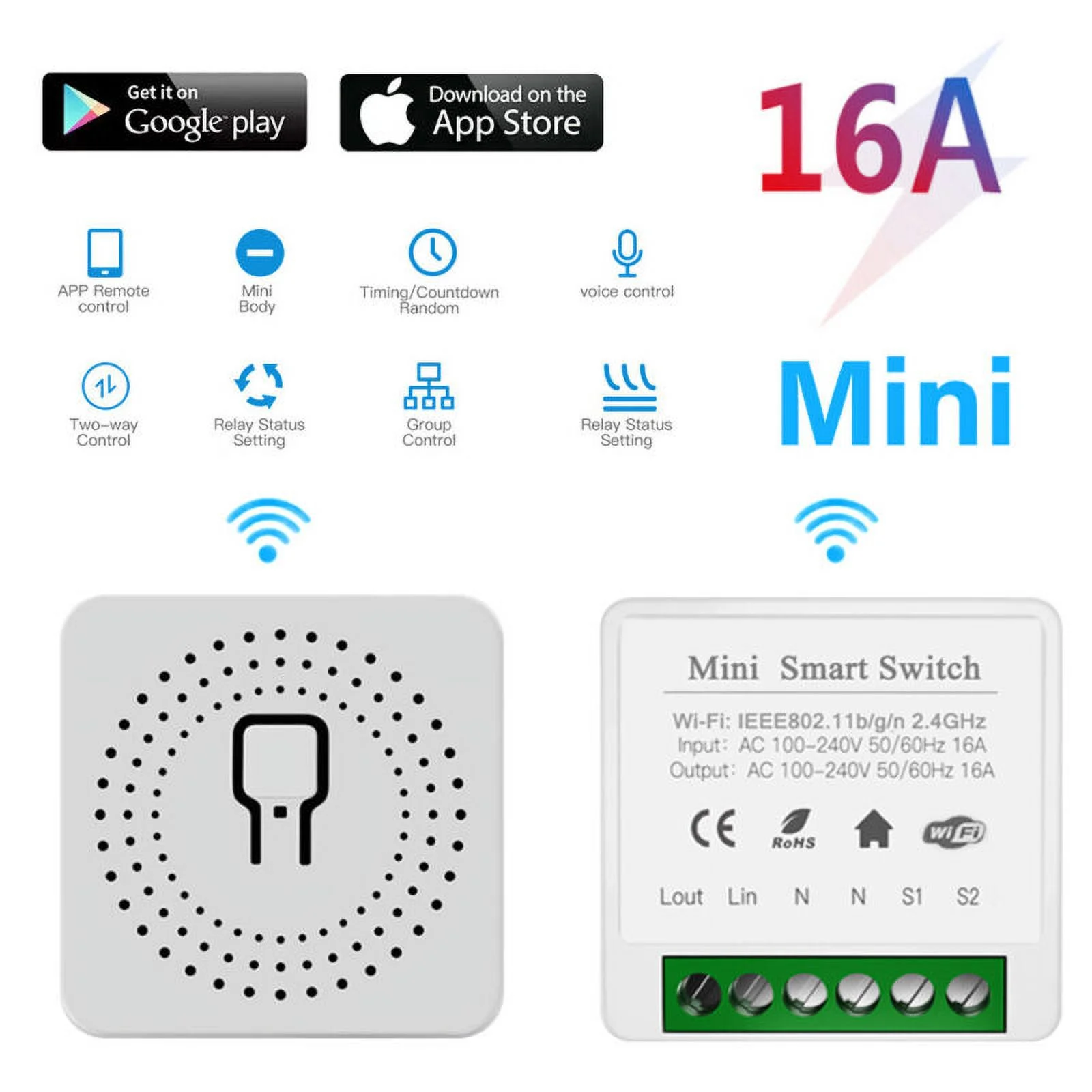 Tuya 16A MINI Wifi Smart Switch Timer Wireless Switches  for Alexa Google Home