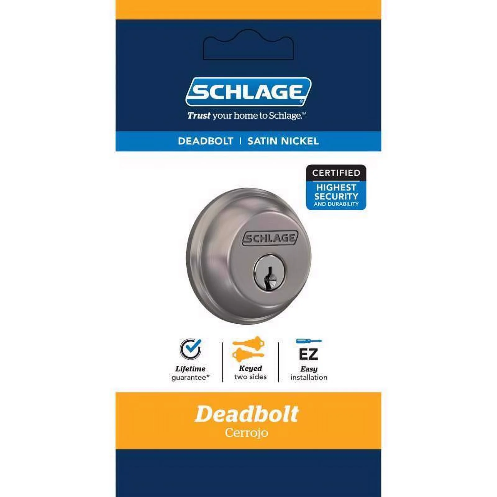 Schlage B62NG619 Double-Cylinder Deadbolt Lock, Satin Nickel - Quantity 1