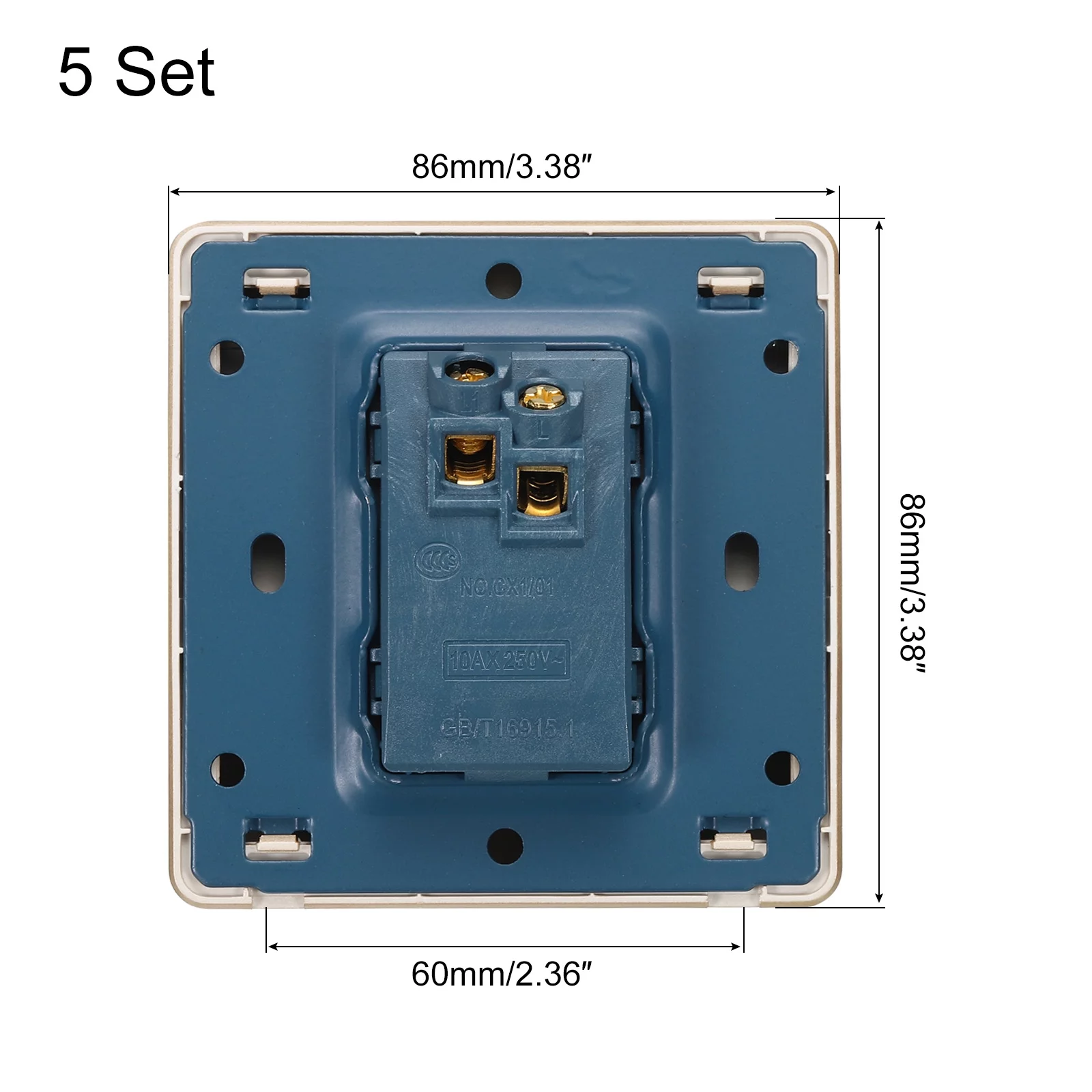 Light Switch Wall Push Button 1 Gang 1 Way Gold Tone 250V 10A 86x86mm Pack of 5