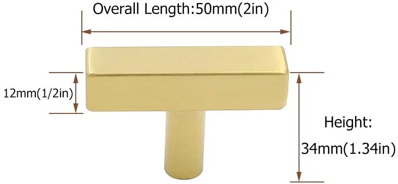 goldenwarm 20 Pack Gold Cabinet Knobs Kitchen Hardware Knobs Single Hole - LS1212GD Square T Bar Brushed Brass Drawer Knobs for Dresser Cupboard Door Handles Stainless Steel 2(50mm) Length
