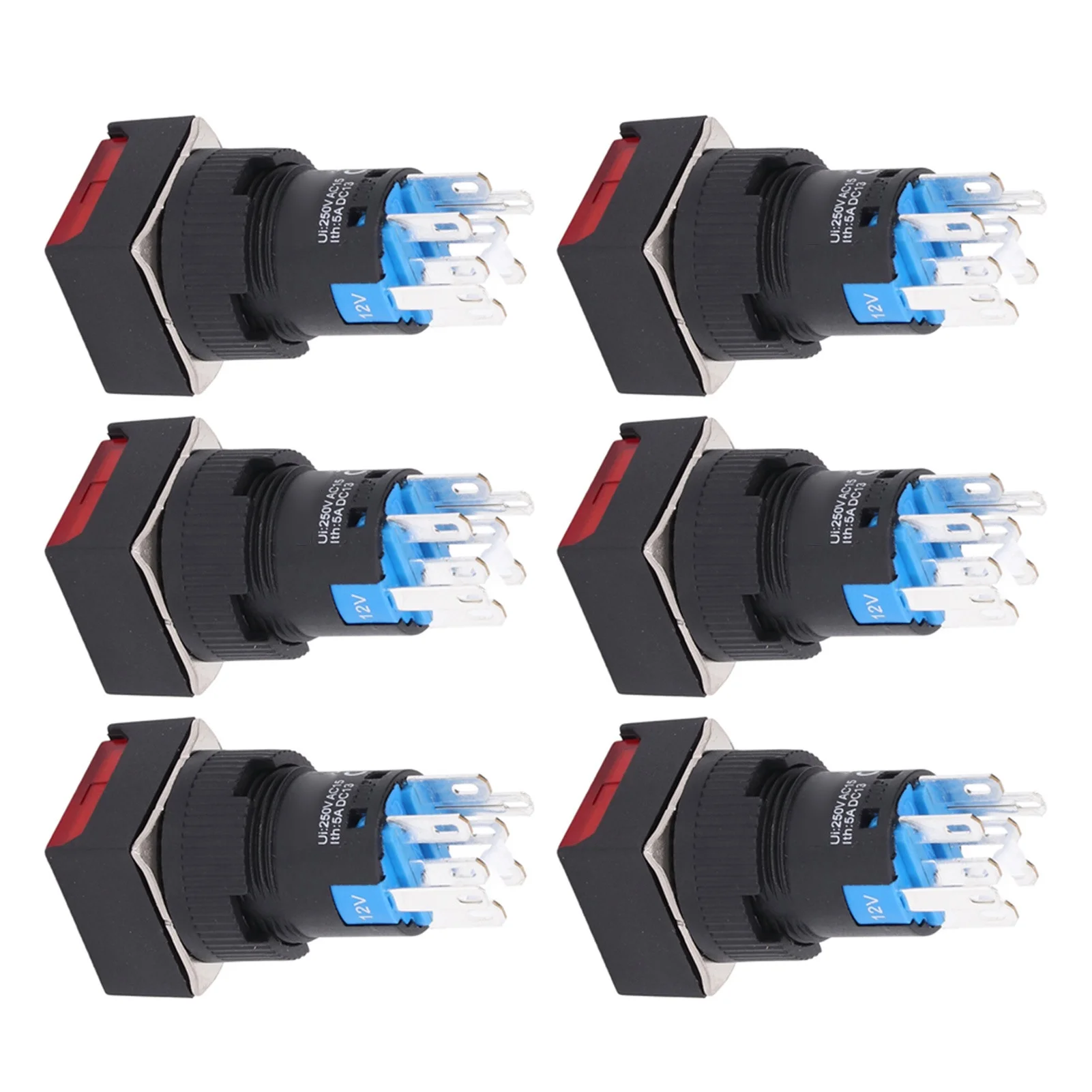 Uadme 25Pcs Squares Button Switch - ABS Brass 8 Pin Self Locking Switches with Light 16mm 12V(Red)