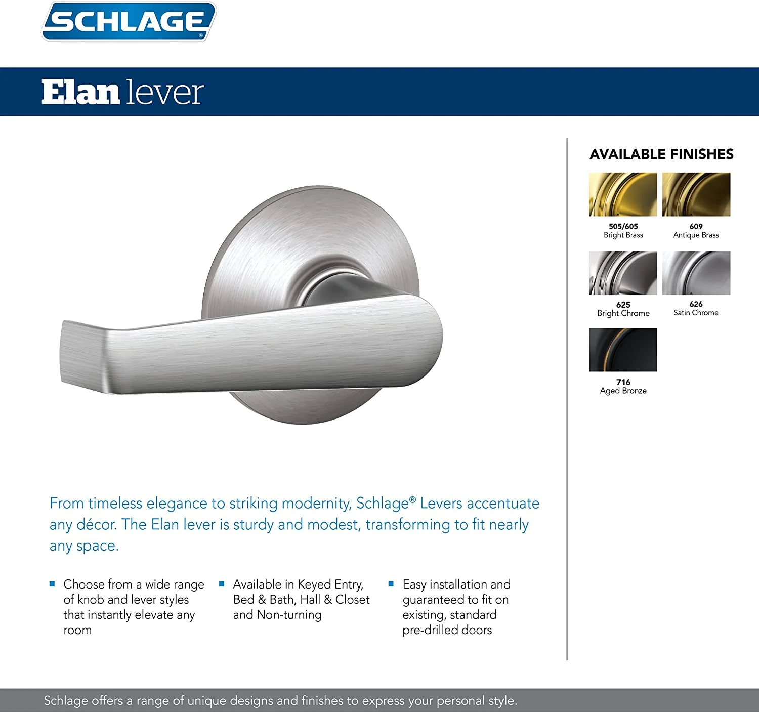 Schlage Residential F40 ELA 626 Grade 2 Privacy Lock Elan Lever Satin Chrome Finish