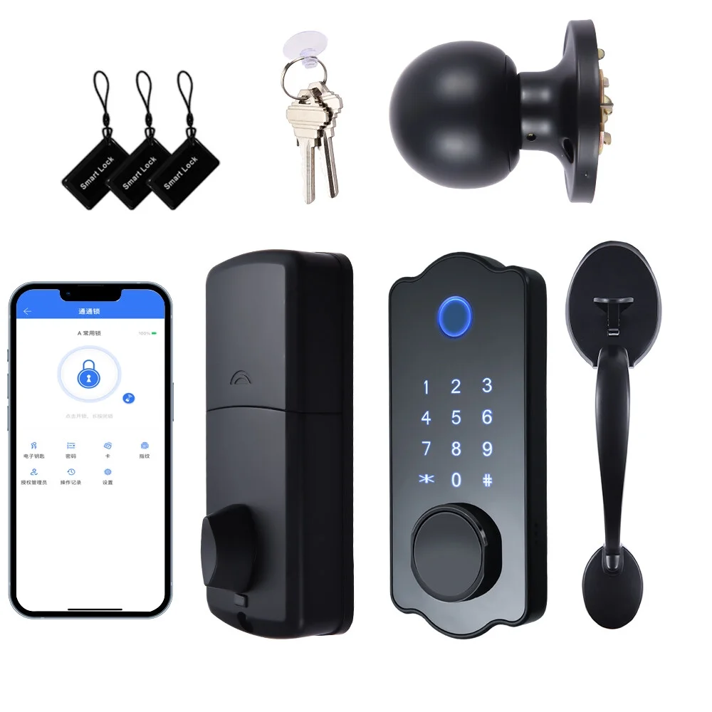 Leyfeng Keyless Entry Smart Door Lock Waterproof Auto Lock 5 in 1 TTlock App IC Card 150 Codes Electronic Fingerprint Door Lock with Handle Lever Set for Front Door