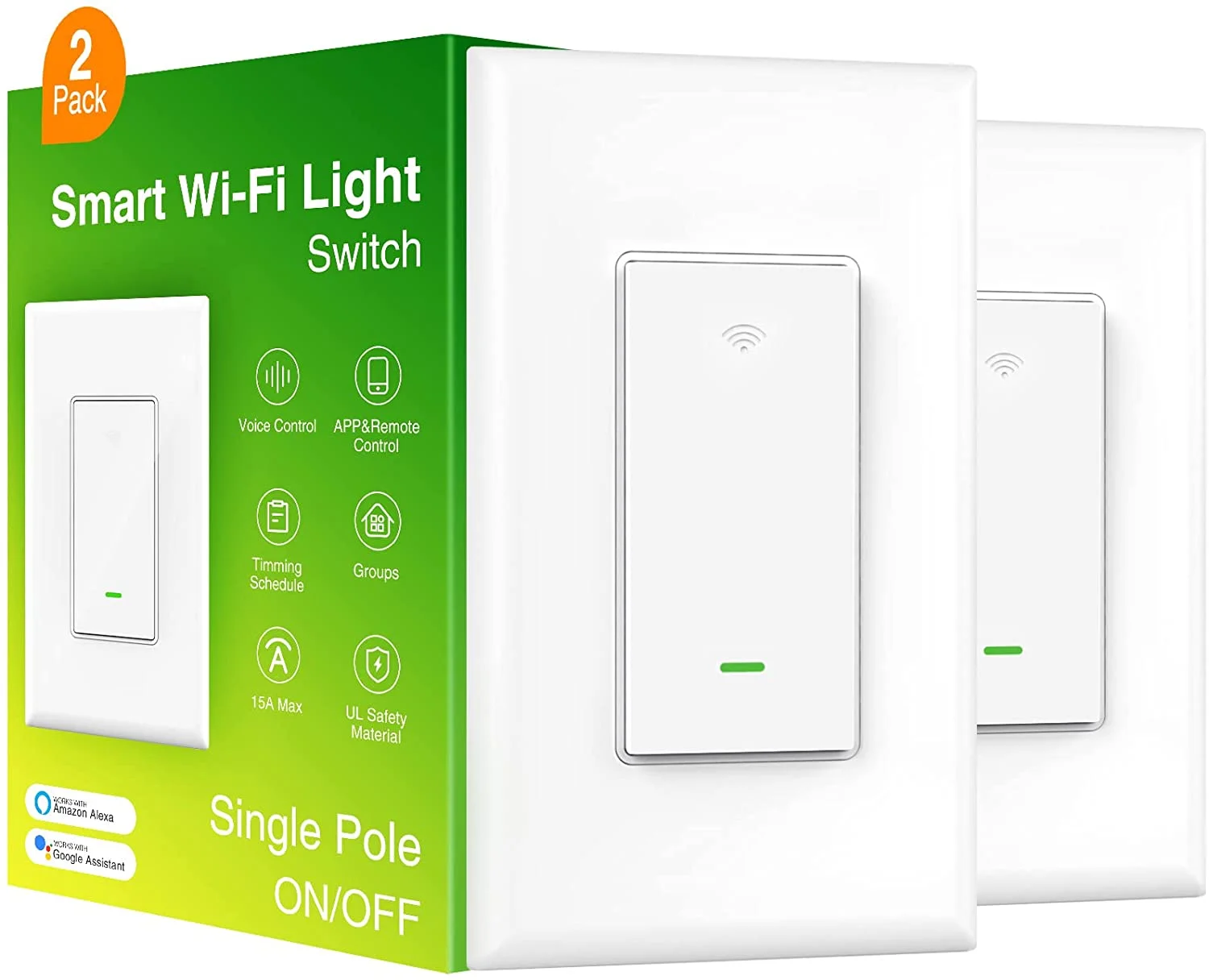 Smart Switch, 2.4Ghz Wi-Fi Smart Switch Compatible with Alexa, Google Assistant,Needs Neutral Wire,Single-Pole,UL Certified,Remote Control,Schedule, No Hub Required, (2 Pack)